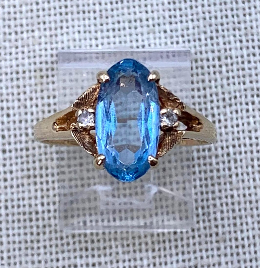 Elegant 10k Yellow Gold Large Carat Created Blue Topaz Petite Diamond Ring (1 of 13)
