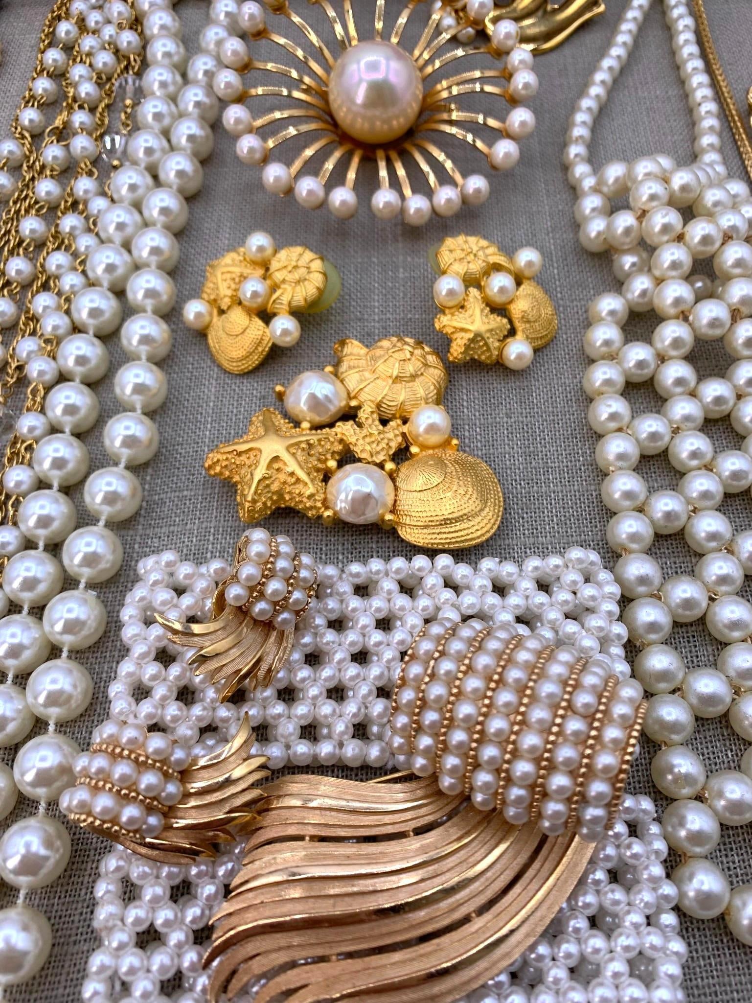 55 pc Vintage Faux Pearl Gold Tone Jewel Casket Timeless Pearl Jewelry Collection: Marvella, Richelieu, Trifari, Hong Kong, Monet...Art Deco to 80s, gold vermeil on 925 Sterling ring, woven faux pearl tie necklace, draped, triple strand, tassel tipped, cuff and link bracelets, clip
