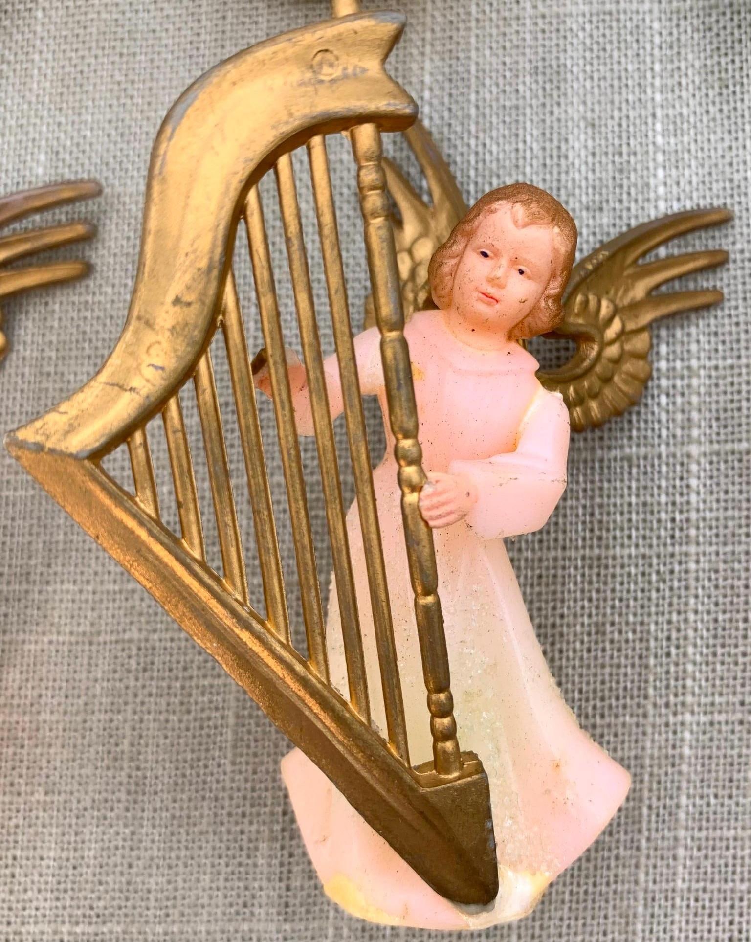 17 pc Mid Century HONG KONG Pastel Angel Christmas Tree Light Bulb Cover Hard Plastic Ornaments: Hard plastic construction with gilded detailing, HONG KONG embossed wings, approx. 3 1/4" height.