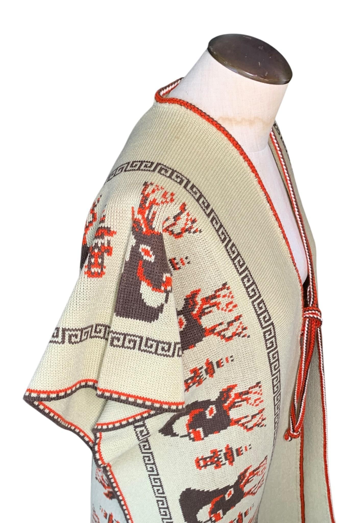 Vintage 1970s Fringed Reindeer Serape Poncho, Knit Shawl (1 of 11)