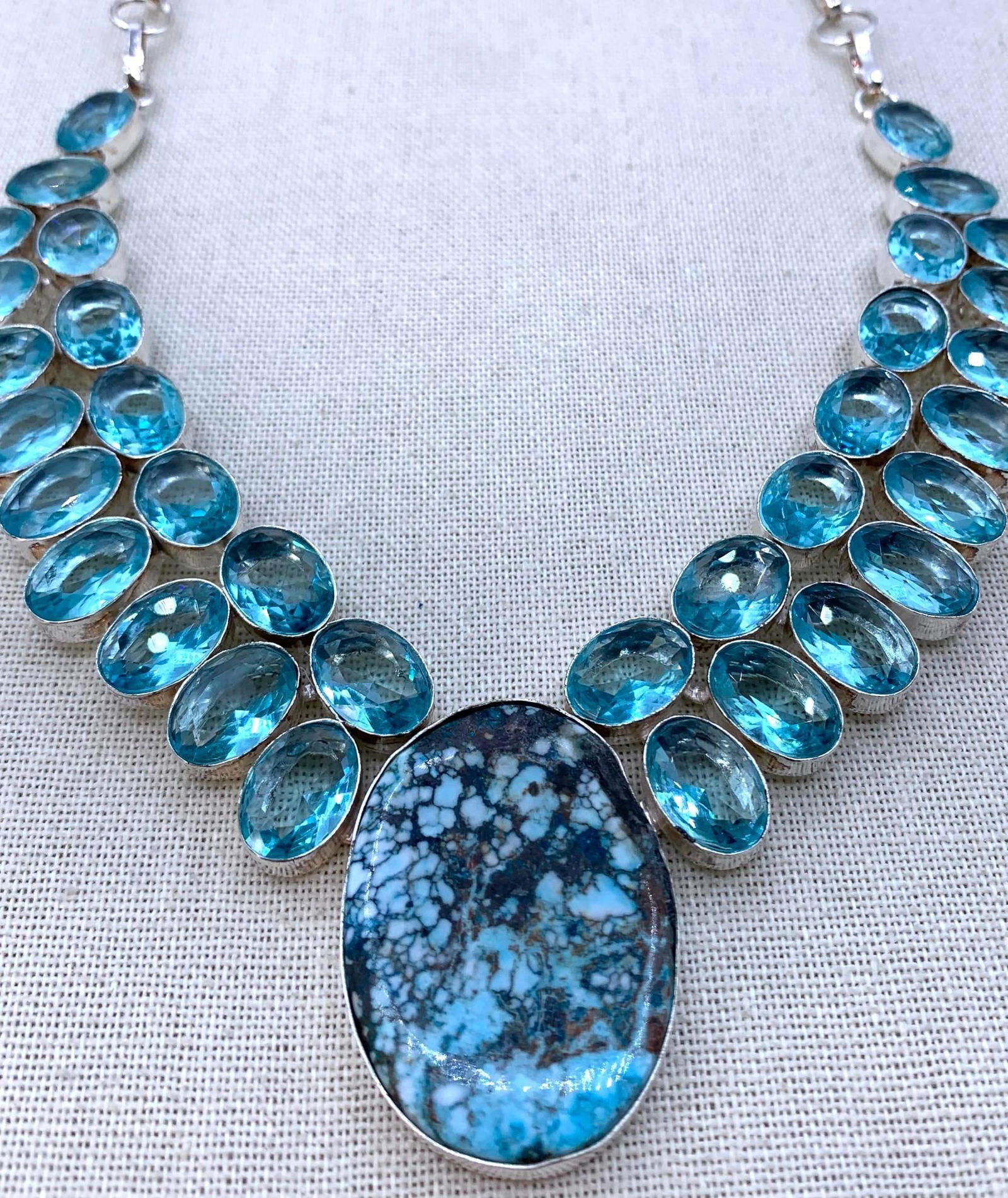 Opulent Blue Topaz, Larimar Sterling Silver Statement Collar Necklace: 34 13x9mm faceted blue topaz gemstones, 40x28 Larimar medallion, 925 hallmarked silver, toggle closure, Gorgeous!