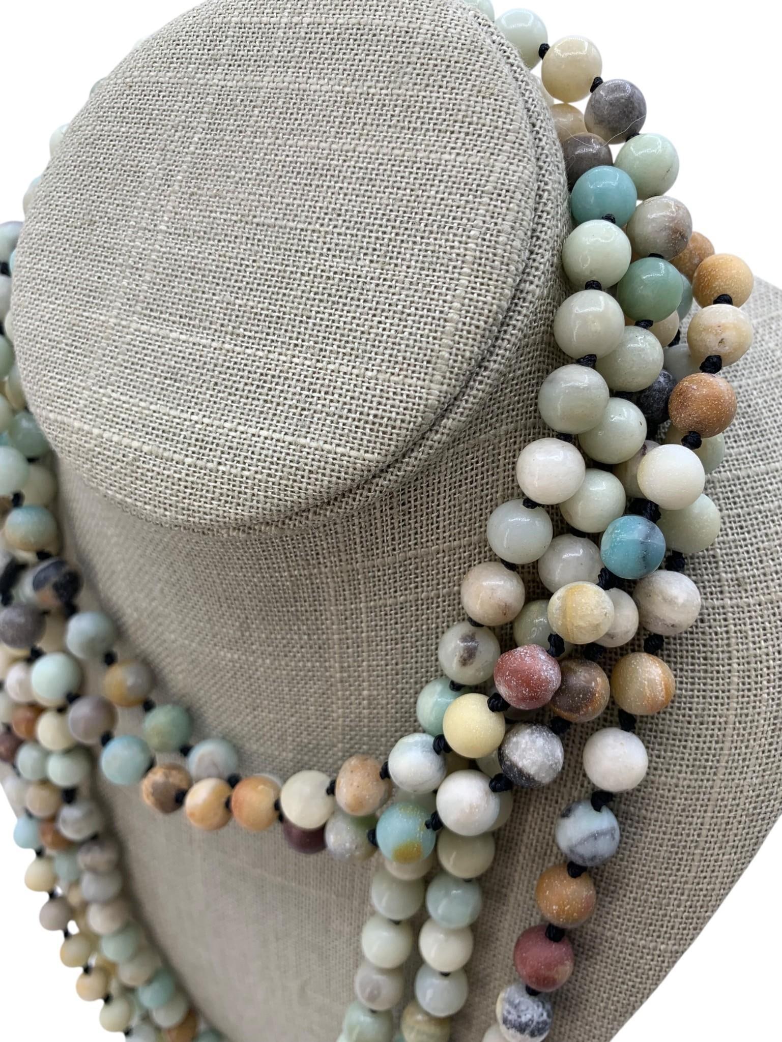Pair Extra Long Matte Amazonite Hand Knotted Bead Botswana Agate Pendant Necklaces (1 of 10)