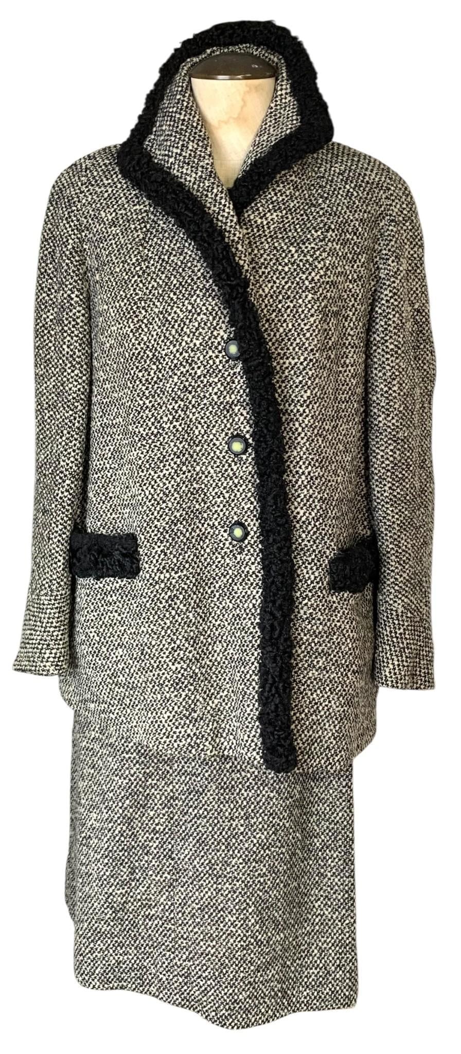 2 pc Mid Century Book's Furs Black Cream Tweed Fur Trimmed Wool Suit Coat and Matching Skirt (1 of 20)