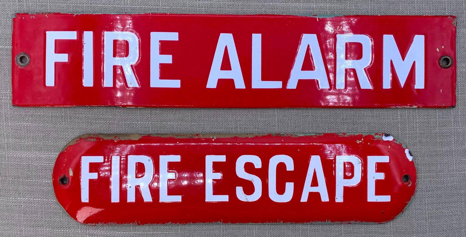 Pair Red White Porcelain Enamel on Convex Fire Escape Fire Alarm Vintage Signs (1 of 4)