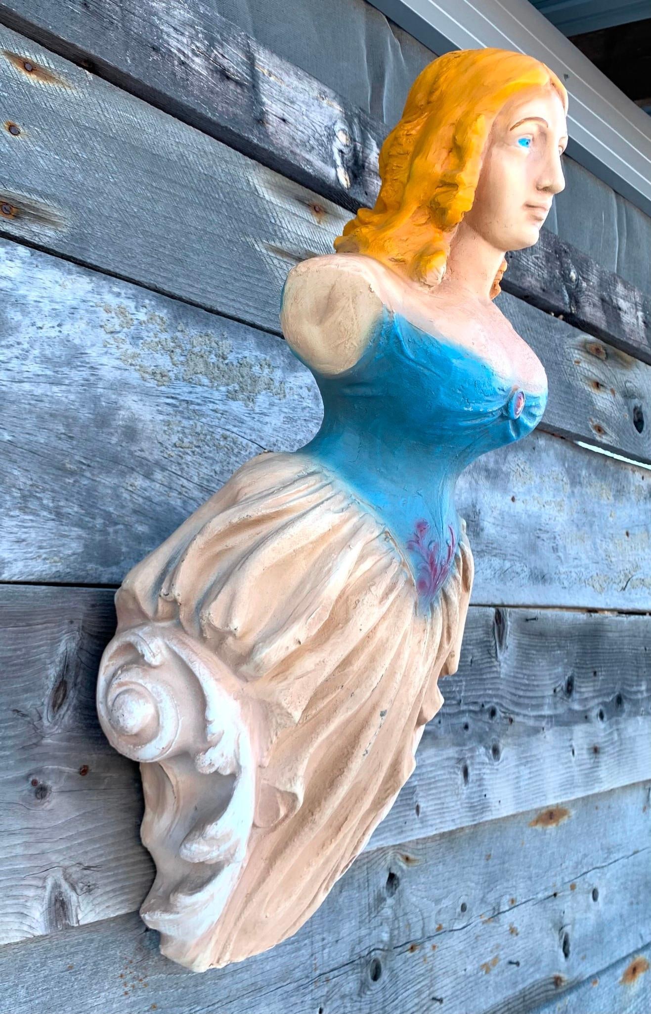 Large Vintage Maritime Ship Figurehead Nautical Blonde Maiden Wall Sculpture: 34" x 14" x 10", structurally sound, richly hued, hefty in weight.