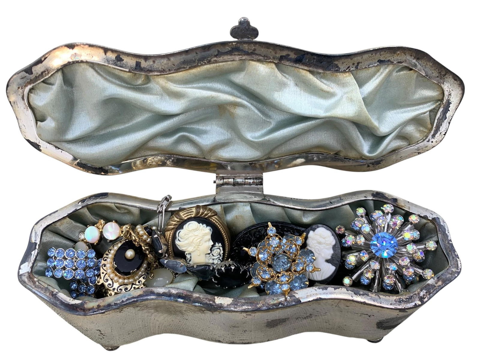 Antique Engraved May 9 1867-May 9 1917 Derby Silver Co. Silk Lined Jewel Casket full of Jewelry (1 of 20)