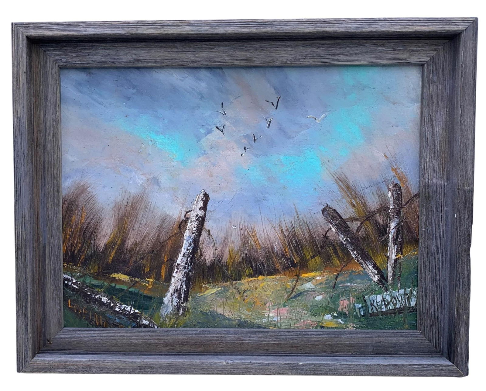 Vintage Artist Signed Oil Painting in Rustic Weathered Gray Wood Frame: 19"nbsp; x 14 3/4" x 1 1/2", signed at the left corner, richly layered oil medium.