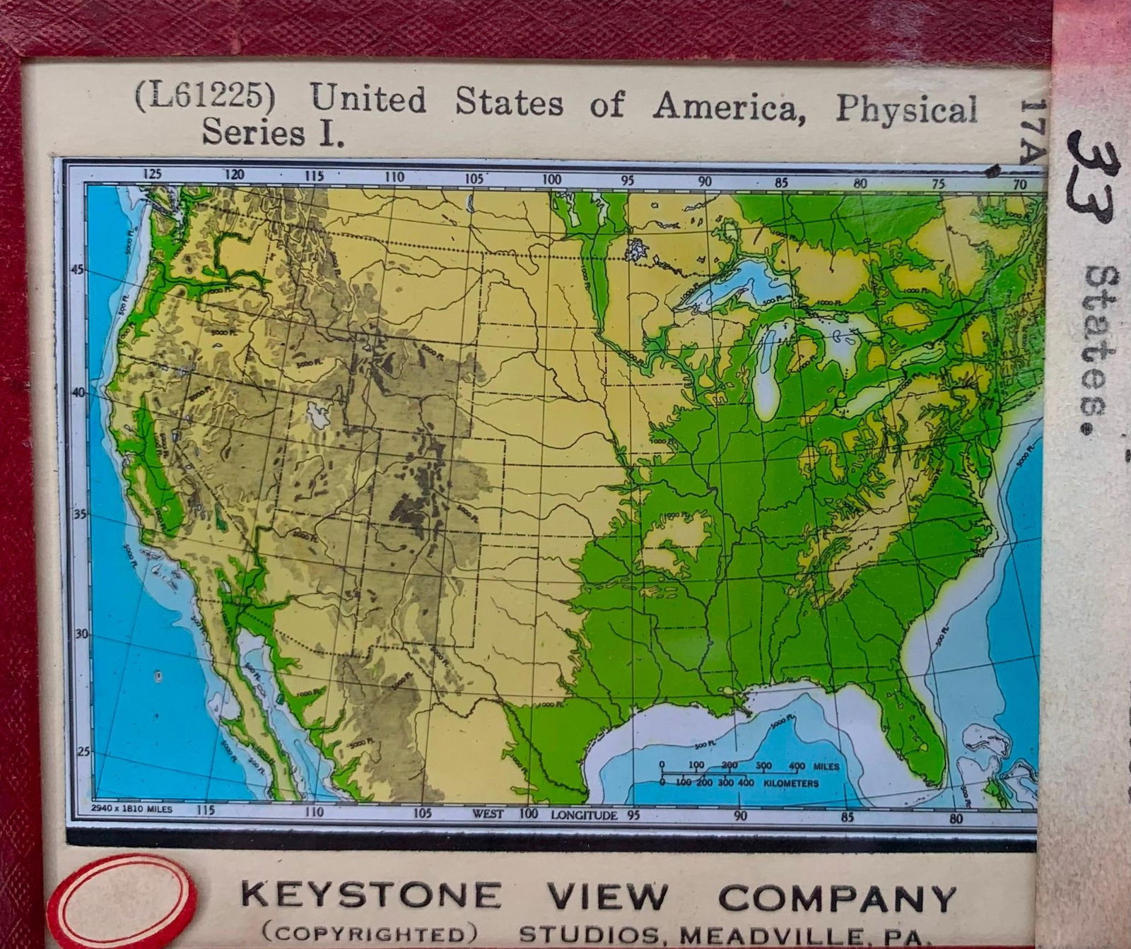 40 pc Antique Keystone View Co Geography Maps Early Glass School Magic Lantern Slides: Colored and Black and White, 4" x 3 1/4" glass slides, 10" x 5" x 4 3/4" old wood case with age and distortion to the wood, oxidation to the metal hardware.