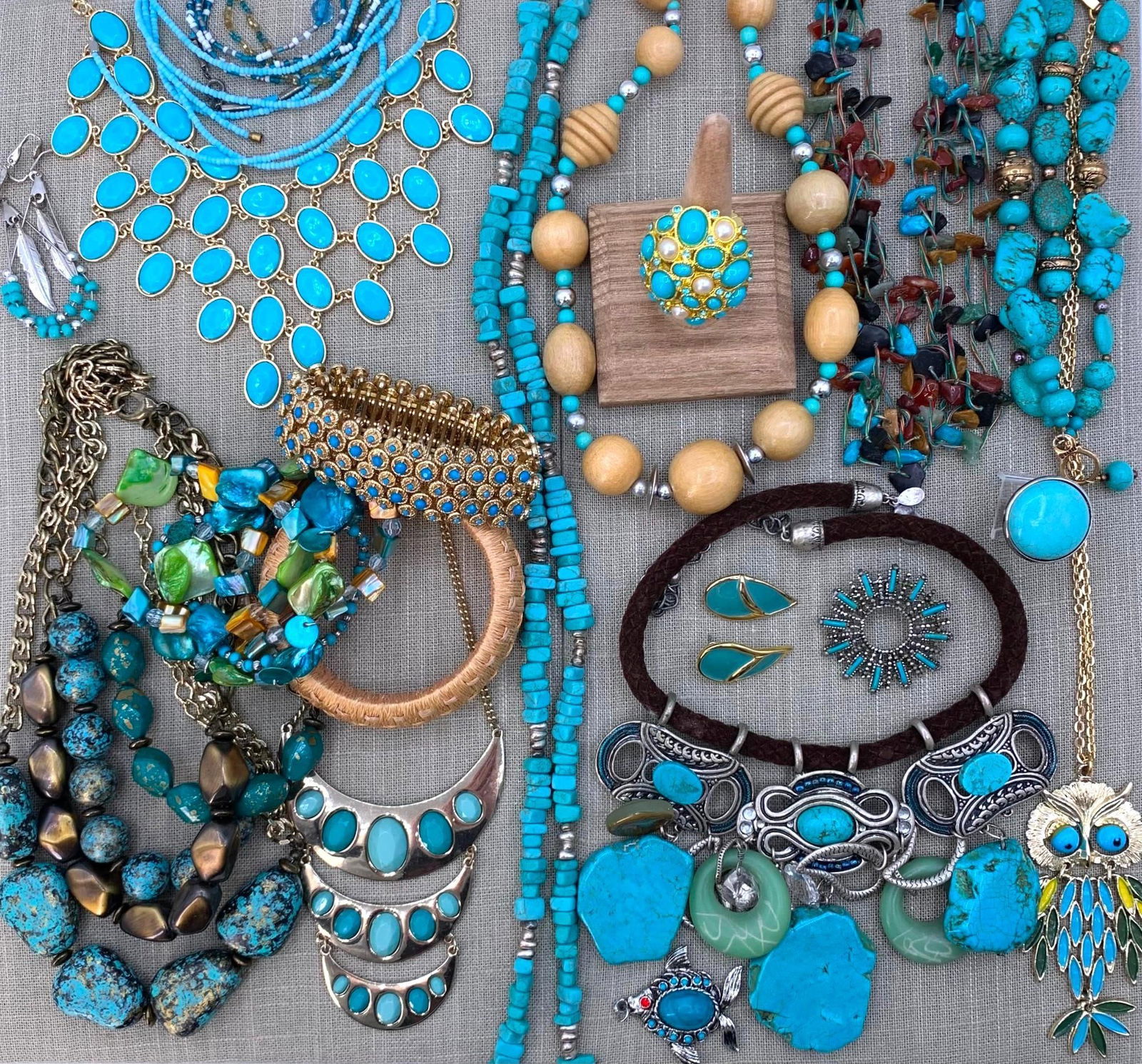 28 pc Barse, Turquoise, Tumbled Gemstone, Southwestern Statement Jewelry Collection: Stunning assortment of baubles...huge collar necklaces, gilded accents, oversize nuggets, Barse triple strand turquoise bracelet, mother of pearl, seed beads, wood and metal, hinged 70s Owl pendant an