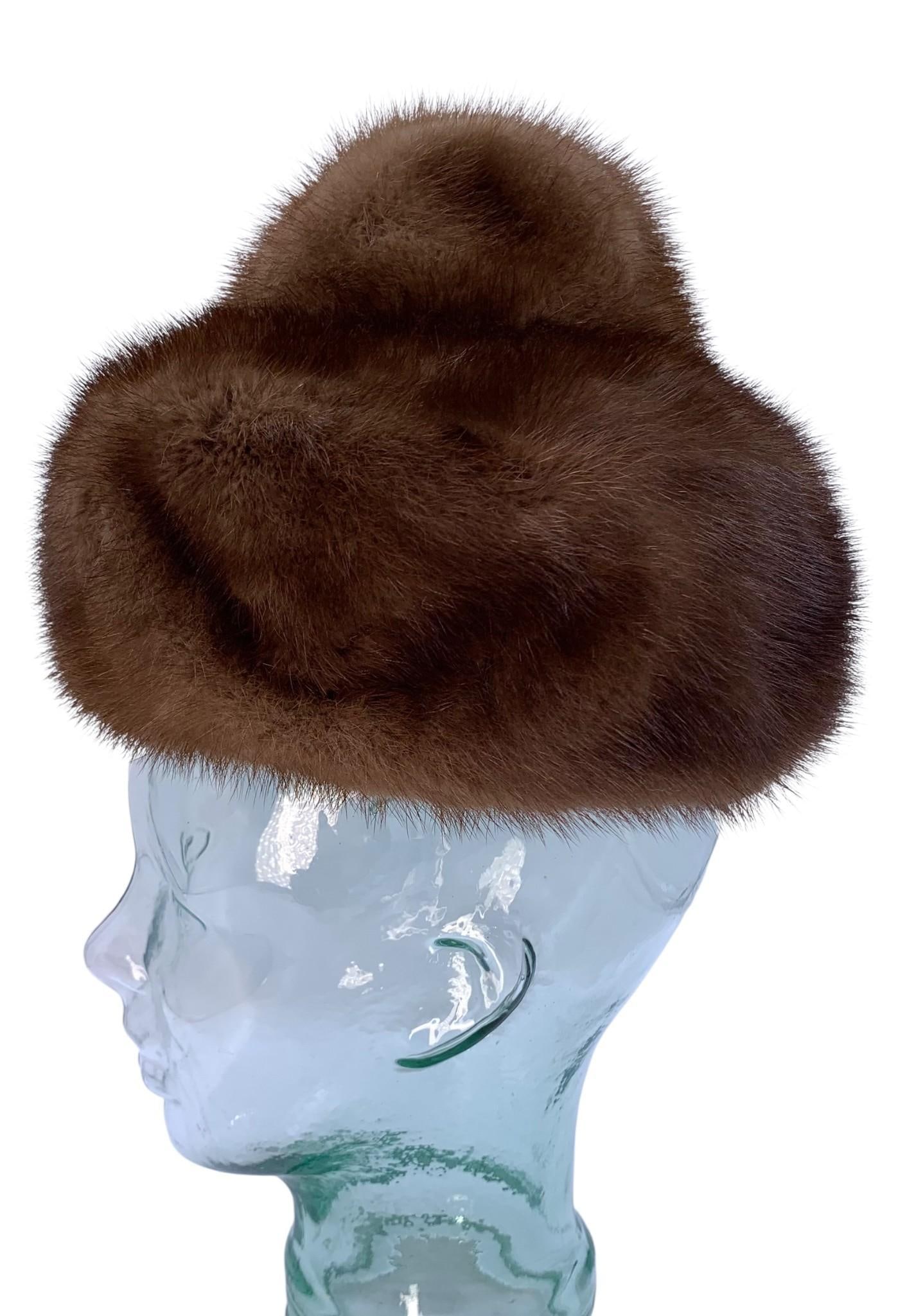 Luxe Mid Century Mahogany Mink Fur Top Knot Toque Hat, CIKRA Cleveland Millinery Label: GENT hand inked onto the Cirka Cleveland label, rich hue and fine luster to the fur, lined.