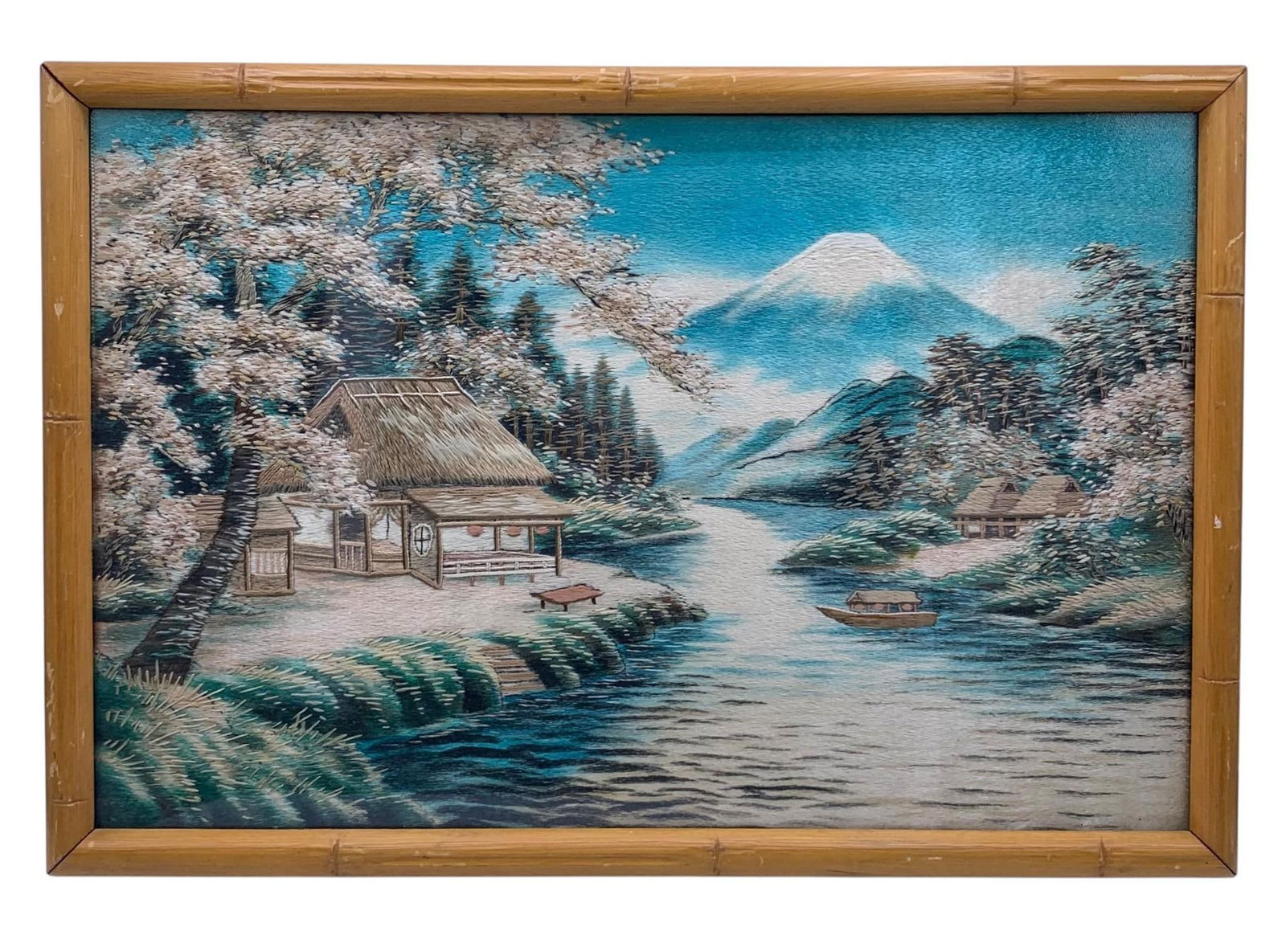 Vintage Japanese Mount Fuji Quaint Village Vignette Silk Embroidery Framed Art (1 of 10)