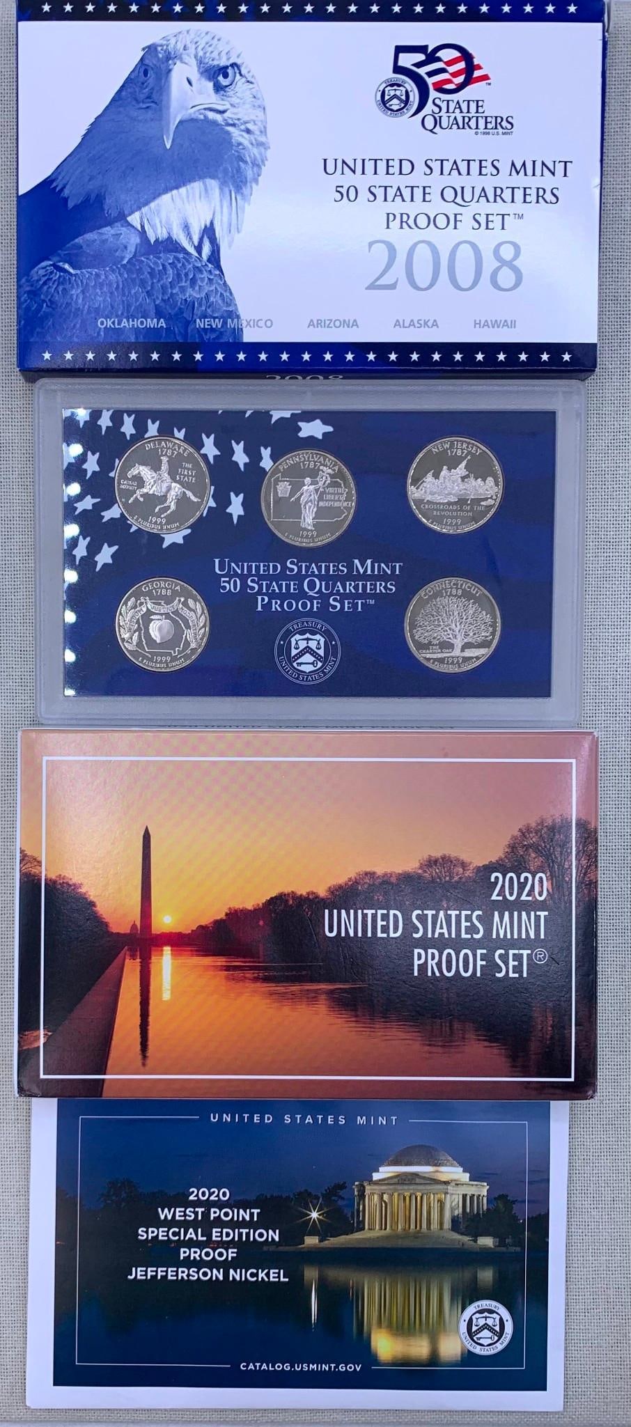 1999, 2008 and 2020 United States Mint Proof Coin Sets, West Point Proof US Mint Storage Box: * 1999 US mint cased proof quarter set?* 2008 US mint quarter coin proof set with the original box and paperwork* 2020 US mint proof set containing two cases of coins, original box and paperwork* 2020