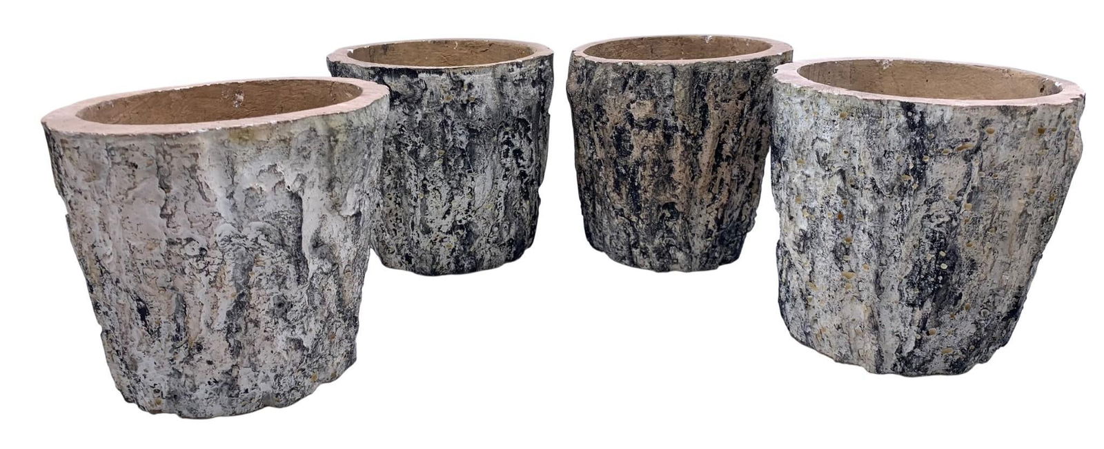 Four Fantastic Vintage Faux Bois Birch Bark Composite Watertight Wood Planter Pots: 5 3/4" to 6" height x 5 1/2" to 5 7/8", each lightweight and unique with realistic hand painted bark detailing, they hold water for direct planting or to house a potted plant.nbsp;