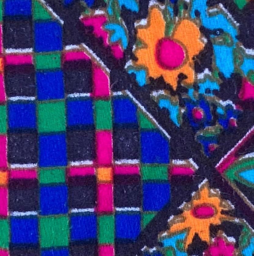 Vintage Handmade 1970s Flower Power Electric Neon Bloom Hand Tied Bed Coverlet: Corn yellow (brighter then the camera captured), neon plaid floral and hunter green white blossom fabric squares, hand knotted, solid white back, minor soiling, 80" x 76", it has not been soaked.