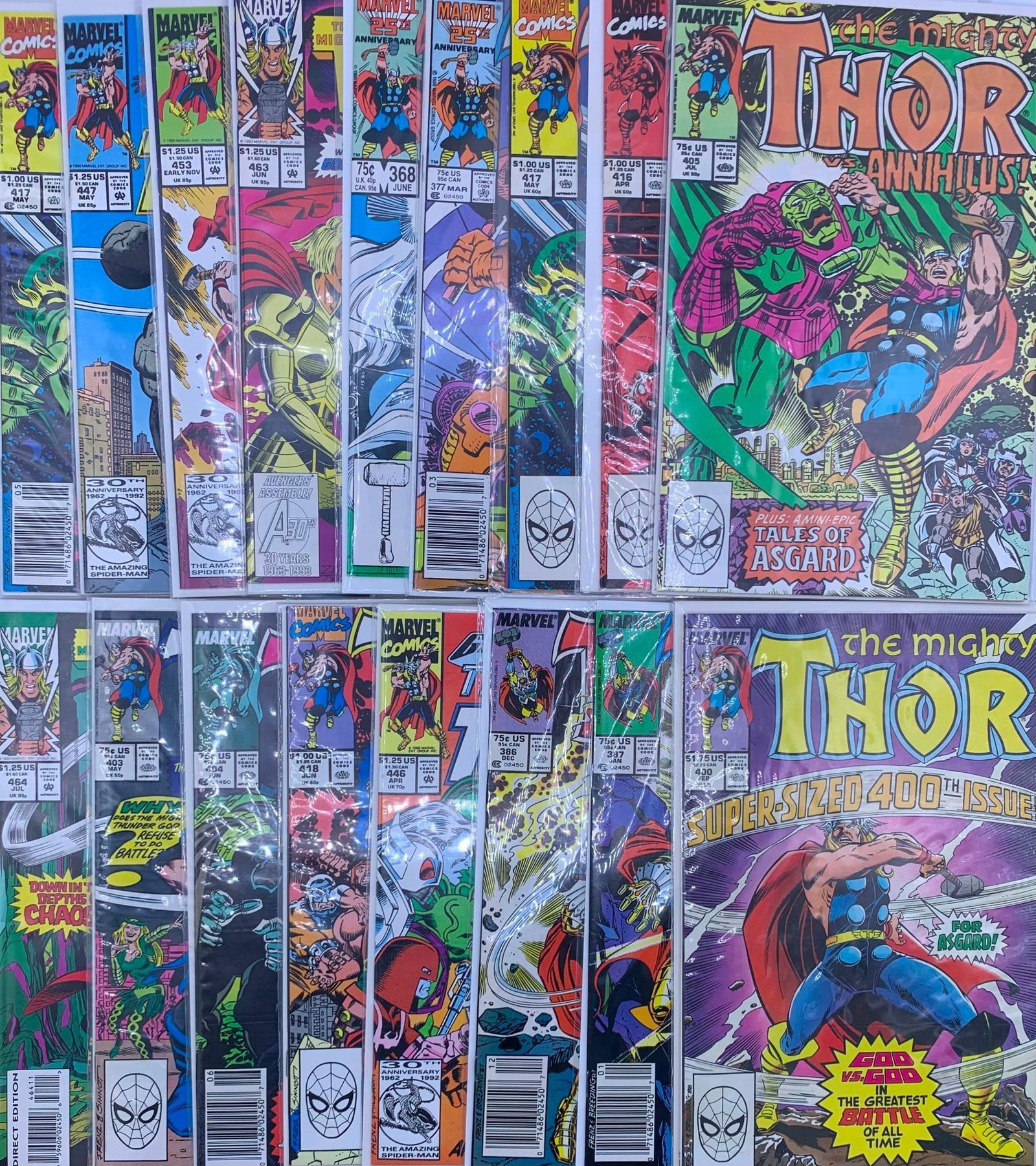 18 Vintage 15 cent to 1.25 THOR Superhero Comic Books: Each in a comic sleeve with paperboard backer, one package has a comic on either side, in Clean condition.