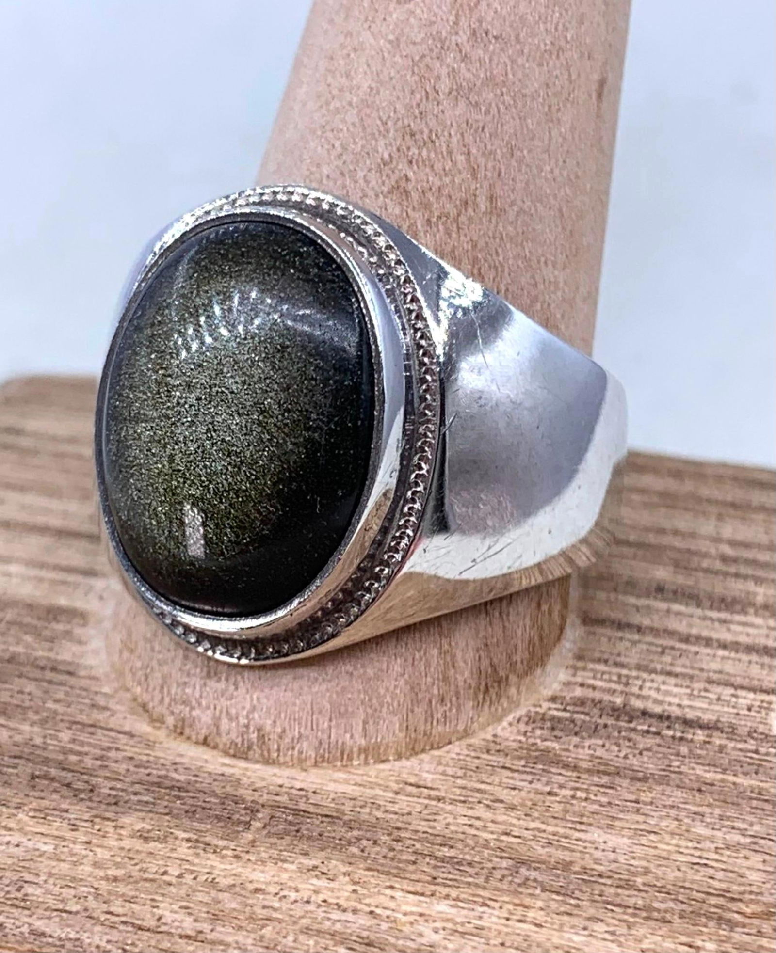 Superb Sterling Silver Golden Sheen Obsidian Cabochon Men's Ring: 925 hallmark, size 14, 16.8 gram weight, large 17x13mm cab with incredible , Fantastic!nbsp;