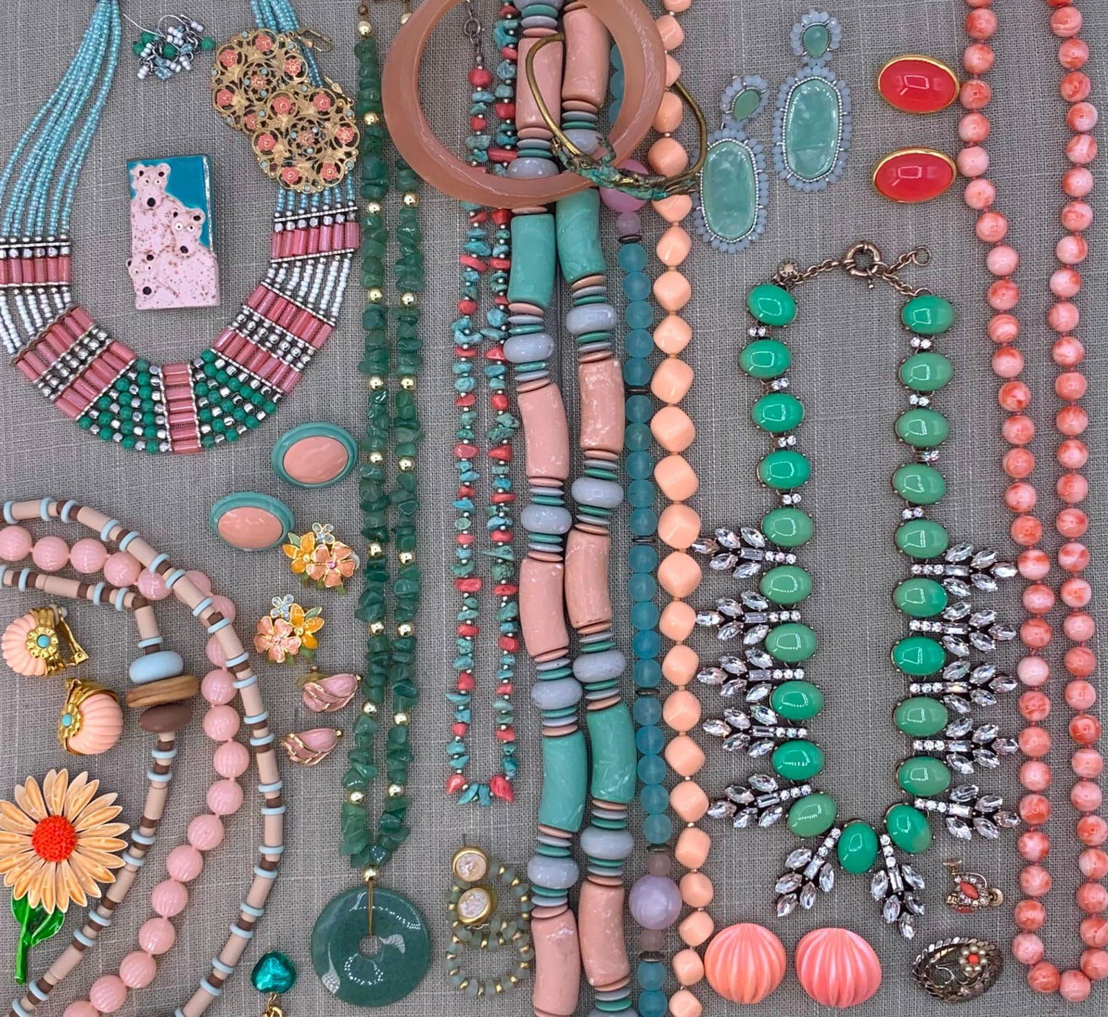 36 pc Apricot Mint Jade Costume Jewelry Collection: Polished Jade, artisan crafted brass Frog bracelet, Mid Century enamel, dramatic collar necklaces and layering pieces, artist made pottery bear brooch, polished natural stone nuggets, luminous glass b