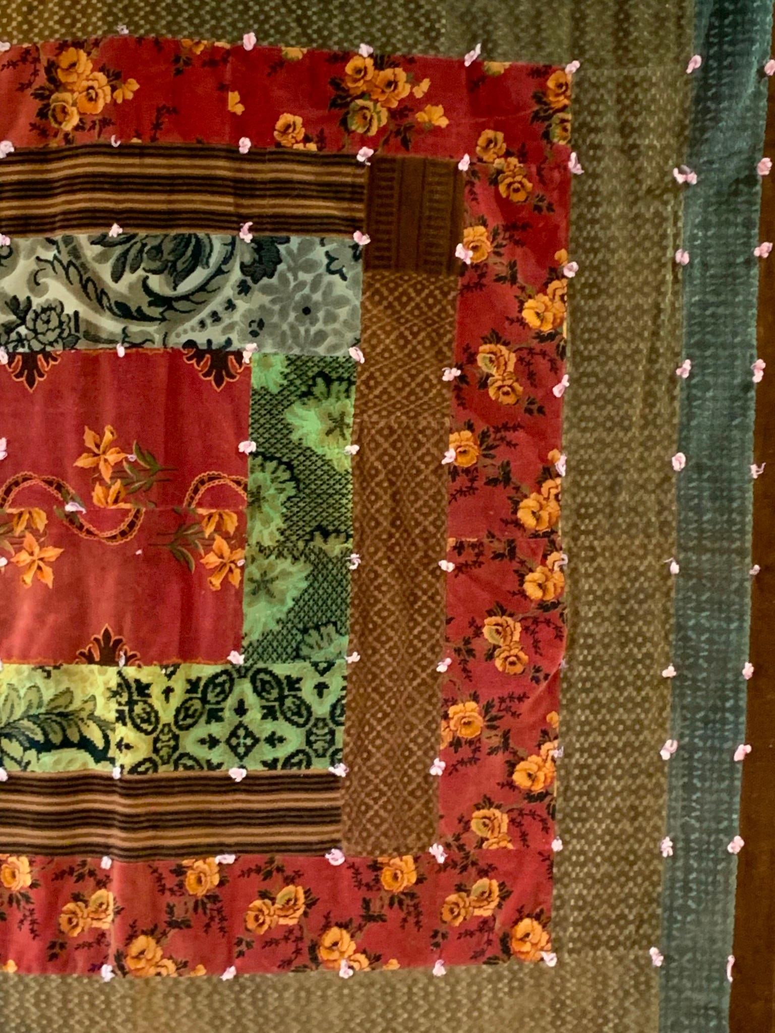 Antique Victorian Winter Weight Velvet Patchwork Quilt Block Hand Tied Bed Coverlet (1 of 14)