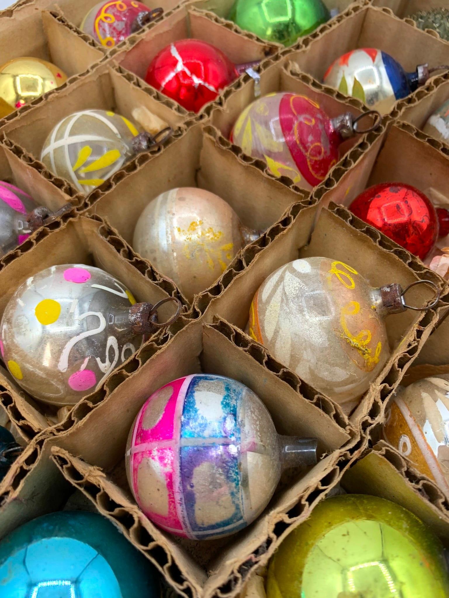 36 Antique to Vintage Miniature Mercury Glass Feather Tree Christmas Ornaments: Some wire wrapped or with hand painted detail, 1 1/2" to 1 7/8", early ornament base included.