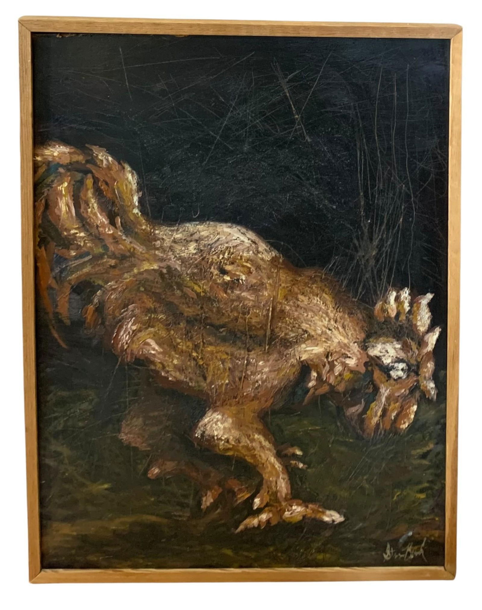 Vintage Artist Signed Oil on Board Folk Art Rooster Painting, Wood Framed (1 of 6)