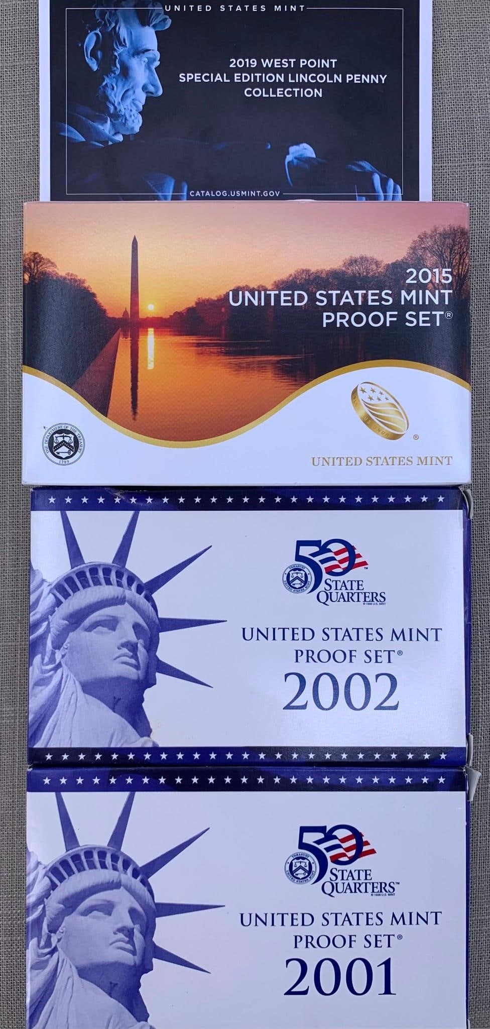 3 Boxes 2001, 2002, 2015 1 2019 Envelope of United States Mint Proof Coin Sets (1 of 8)