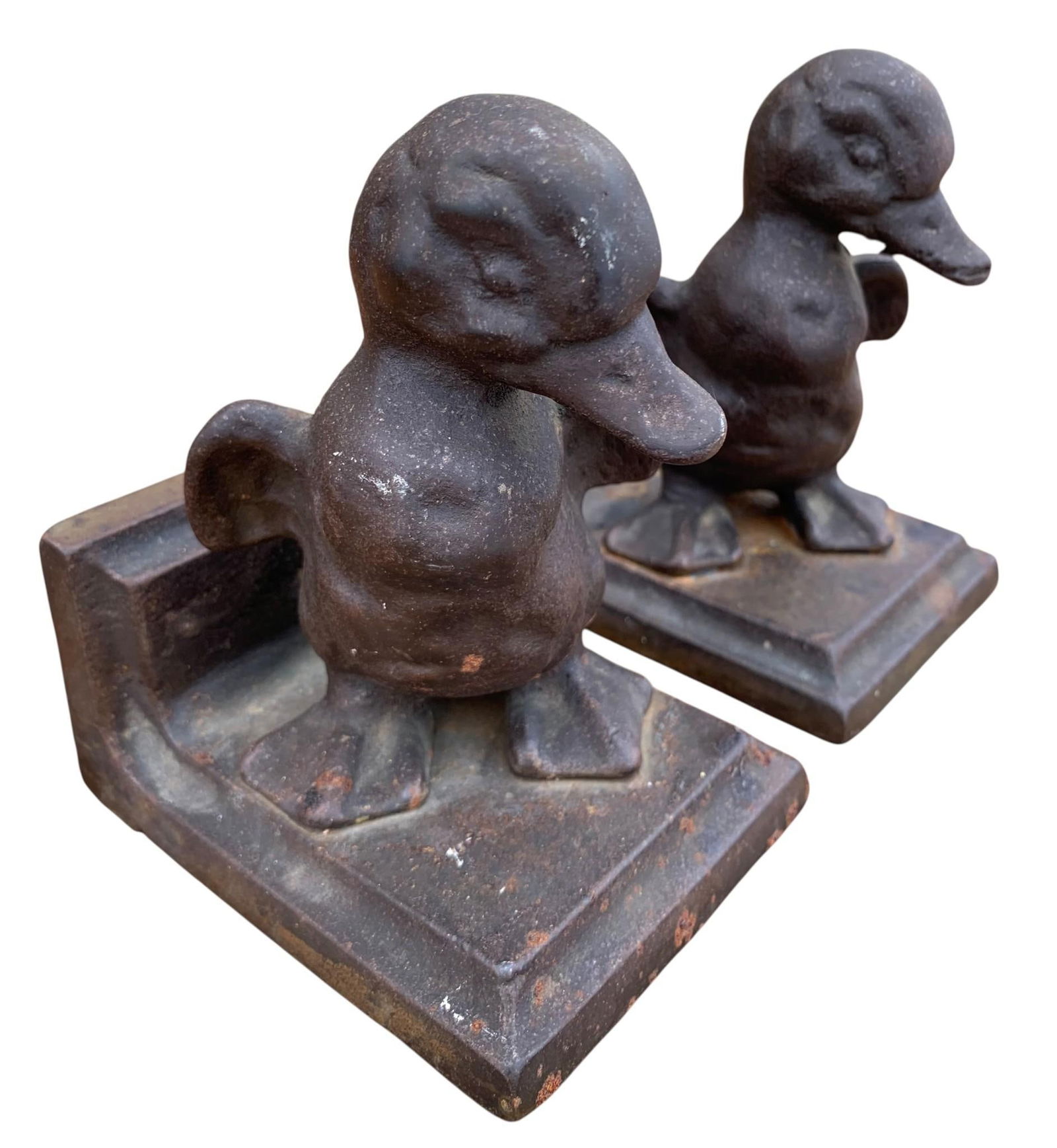Delightful Pair of c1920s Bronzed Cast Iron Art Deco Duckling Book Ends, Door-Stop Set (1 of 8)