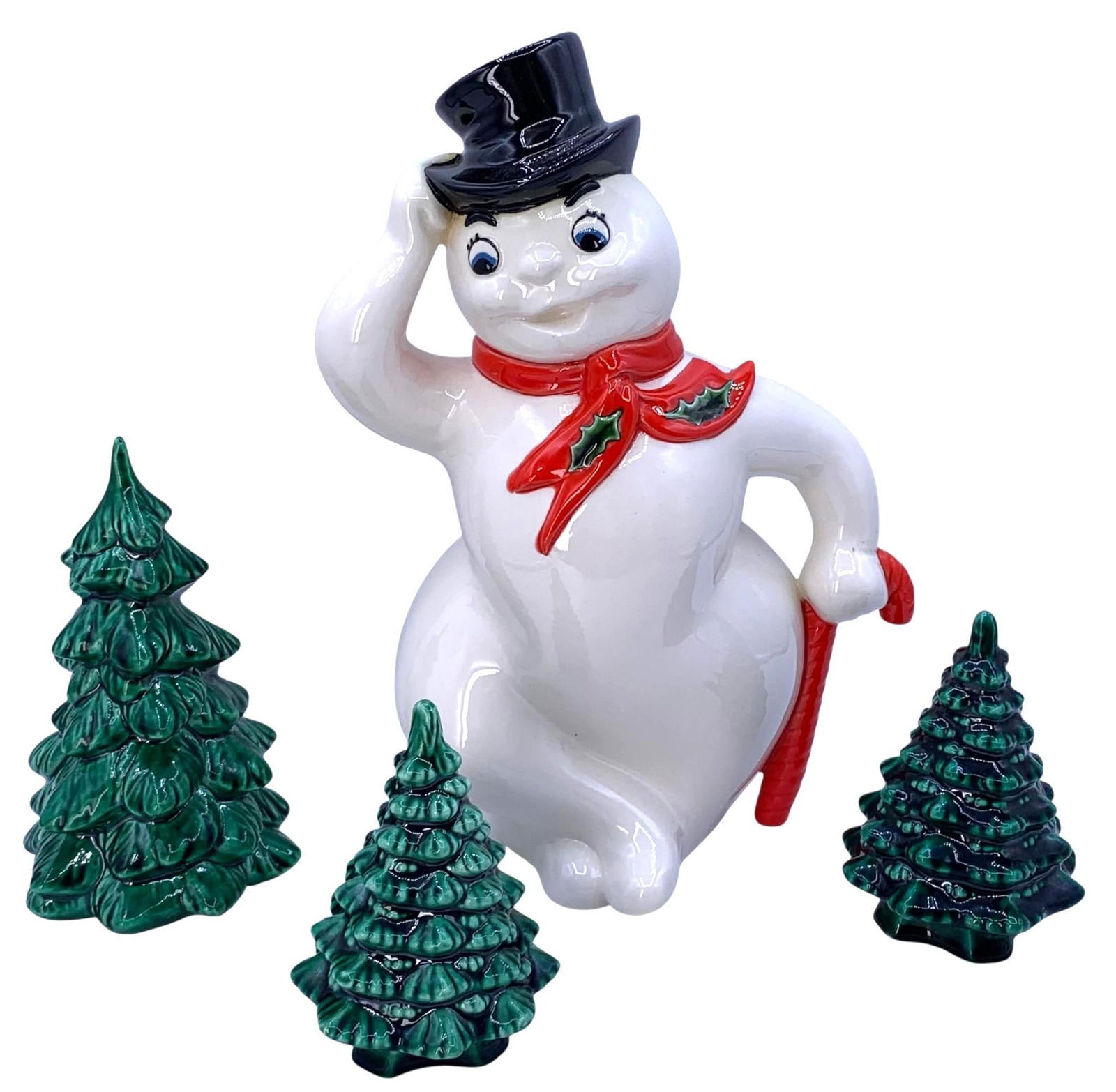 Four 1960s Ceramic Frosty the Snowman Pine Tree Vintage Holiday Decorations: 1960s era pieces, 10 1/2" Frosty, 6" to 4" pine trees, initials on the underside, no structuralnbsp; issues.