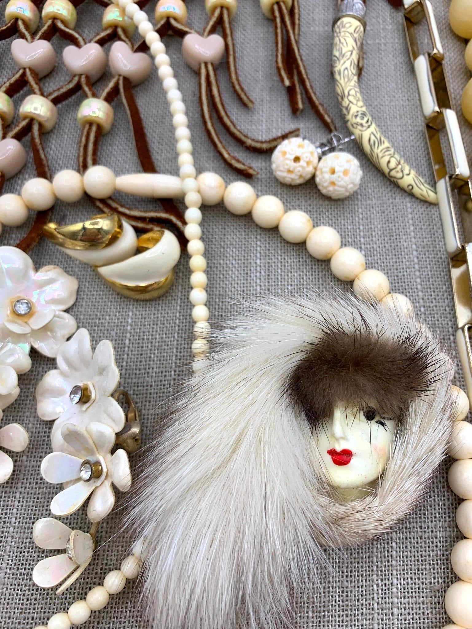 43 pc Blonde Fur, Natural Created Antique to Vintage Jewelry Collection: Carved and polished natural materials, chunky composite bangles, rhinestone trimmed, handmade leather and bead kerchief collar necklace, antique bar C clasp brooches, 12k Gold Filled carved rose and l