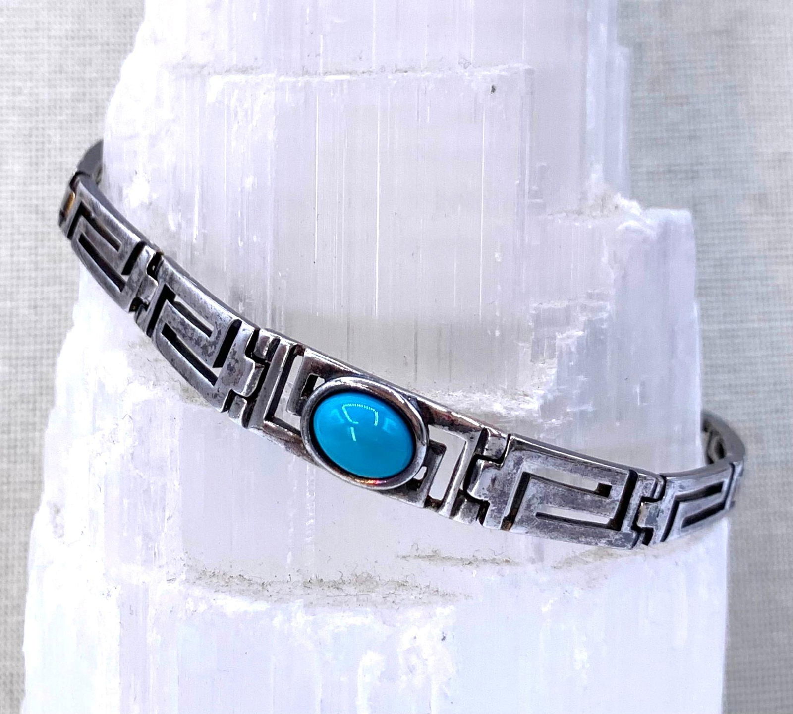 Sterling Silver Openwork Greek Key Panel Turquoise Glass Cabochon Bracelet: 925 hallmark, 7 3/8" length, working closure, 12.4 gram weight.
