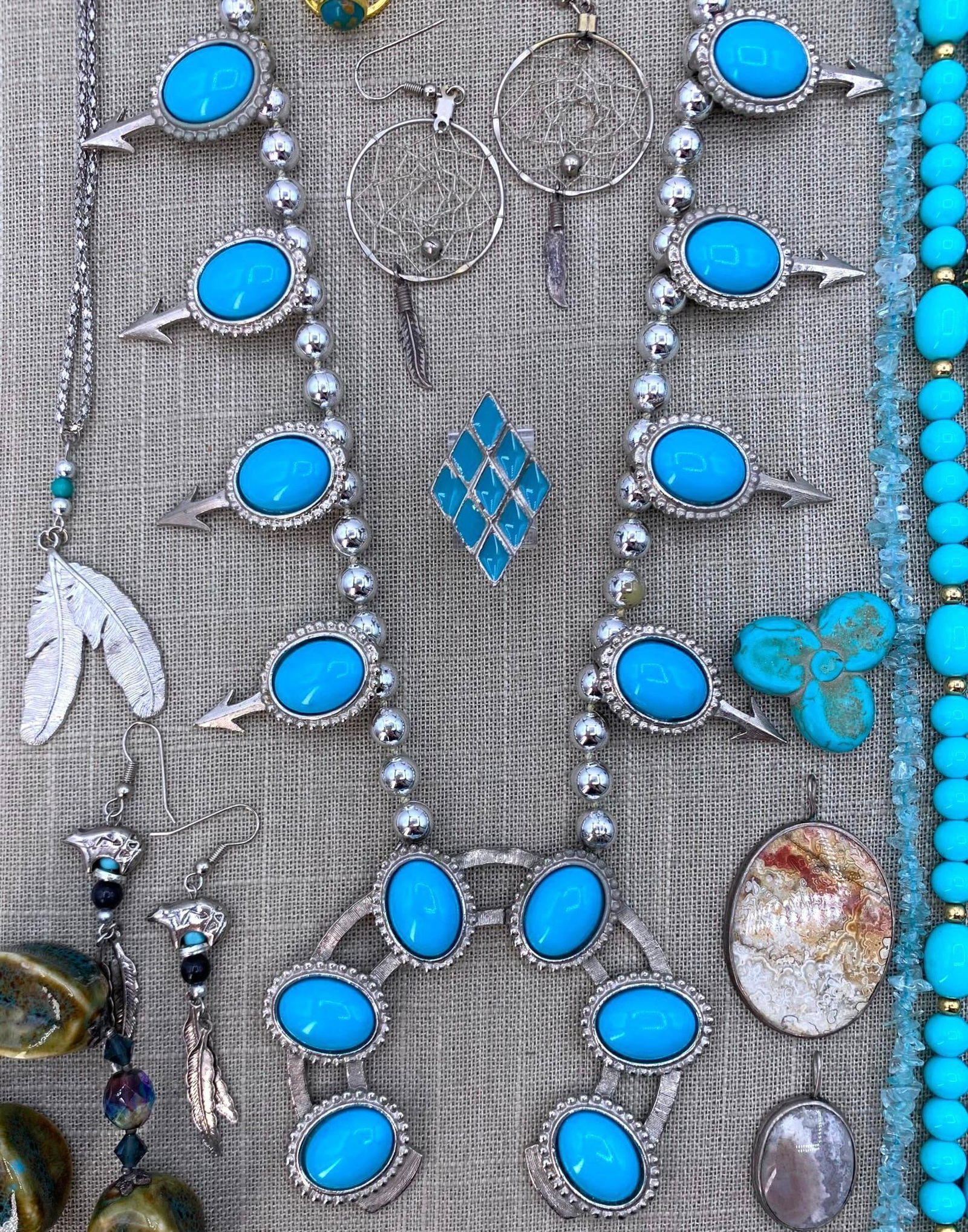 44 pc Bold Turquoise Blue Snake Bangle, Southwest Squash Blossom, Vintage Costume Jewelry Collection: Metal medallion hip belt, fab vintage faux turquoise base metal and composite squash blossom necklace (separation in the metal framing of the Naja), tumbled Turquoise beads and nuggets, large composit