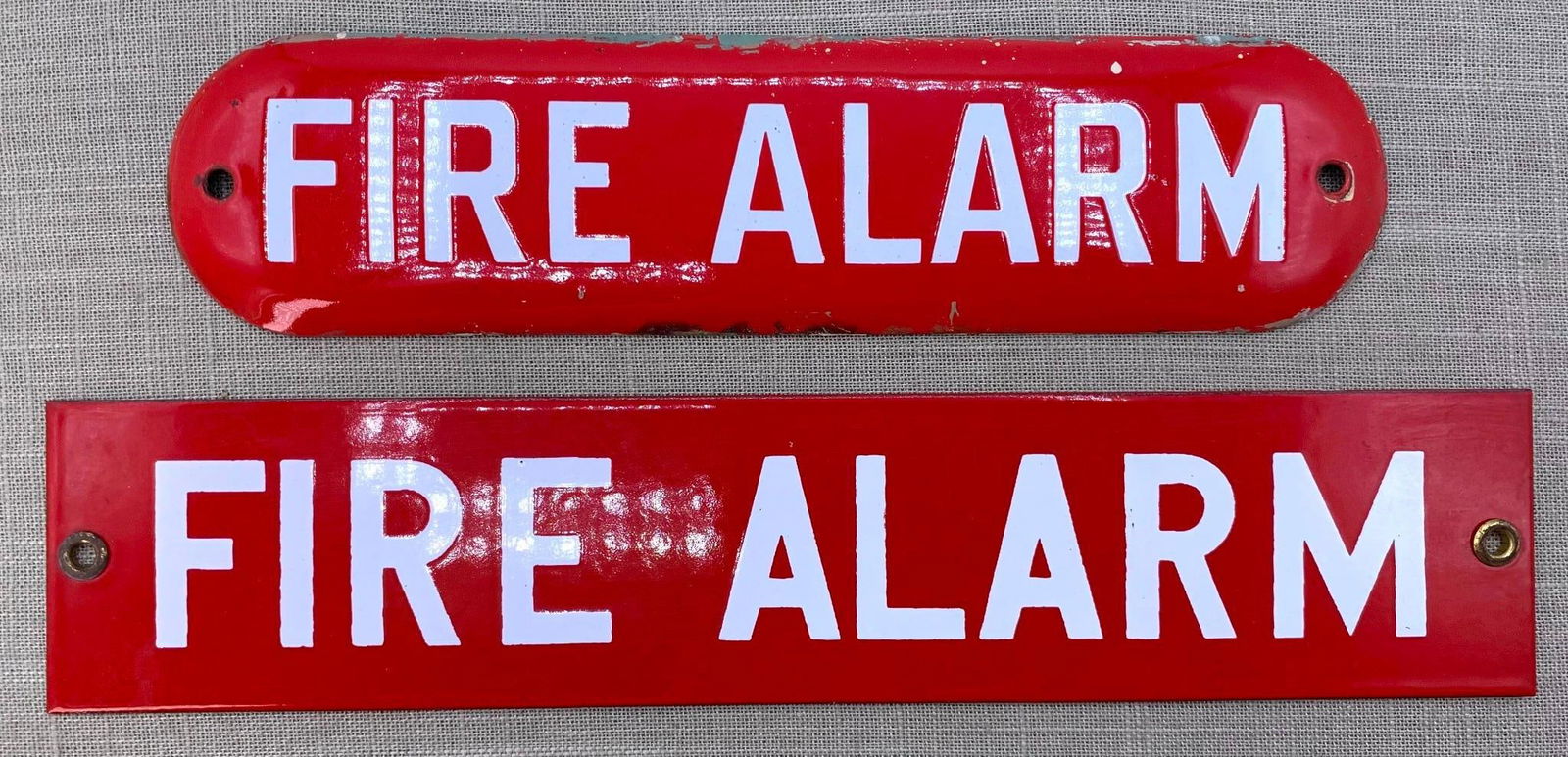 Pair Red White Porcelain Enamel Convex Flat Vintage FIRE ALARM Signs: * 12; x 2 1/2; Fire Alarm sign, hefty in weight, Clean* 9 7/8; x 2 1/2; domed convex Fire Alarm sign, hefty in weight with old paint residue along the edge as shown