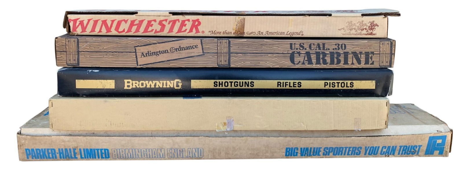 5 Vintage Winchester, Arlington Ordinance, Browning, SKB and Parker-Hale EMPTY Gun Boxes: Each Empty with light shelf wear and age to the paperboard.