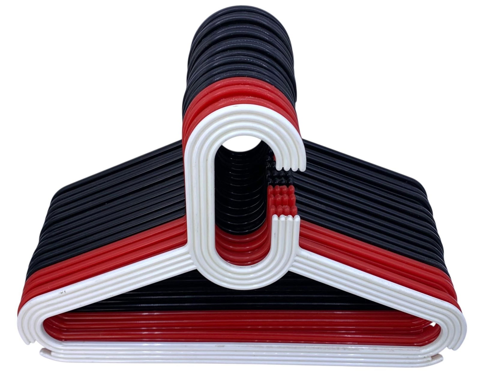 15 1960s-70s Made in Finland Mod Garment Fashion Shop Ribbed Clothing Hangers: 3 red, 1 white and 11 raven black, 16" x 10 1/2", two of the black hangers have a trio of holes drilled through the plastic, all made in Finland, hefty in weight with old paper residue here and there.