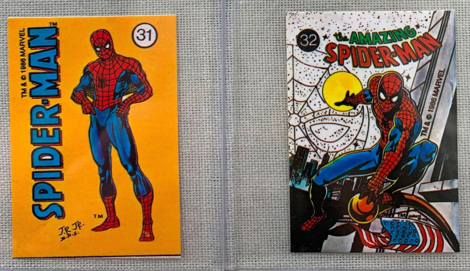MINT 67 pc 1986 MARVEL Comics Vintage Superhero Sticker Card Collection: Sticker backing remains on the rear of each, in Mint condition, each stored in a hard plastic card sleeve, the numbers listed below are NOT in the collection shown:6, 7, 8, 10, 11, 12, 13, 14, 72, 76