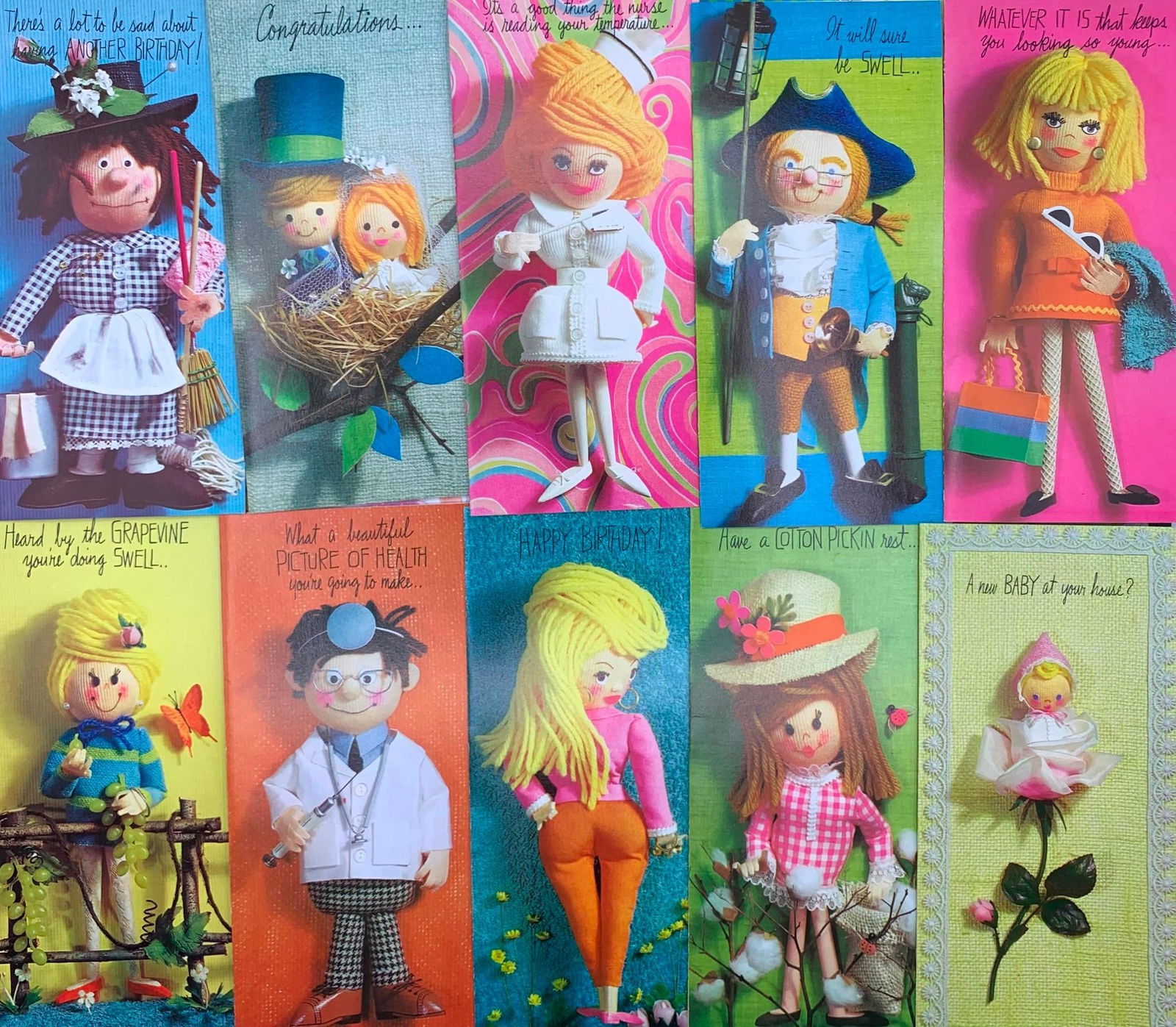 150 pc NOS Mid Century, Birthday, Get Well, Thank You, Greeting Card Collection: Two vintage card boxes included, 1960s-70s era greeting cards, Unused, some with coordinating envelopes, one box matches the cards inside, 3" to 9" in size.