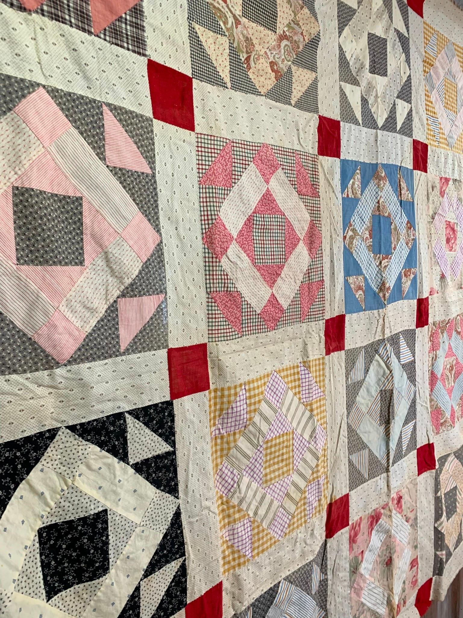 Antique Victorian era Dancing Squares Hand Sewn Quilt Top (1 of 12)