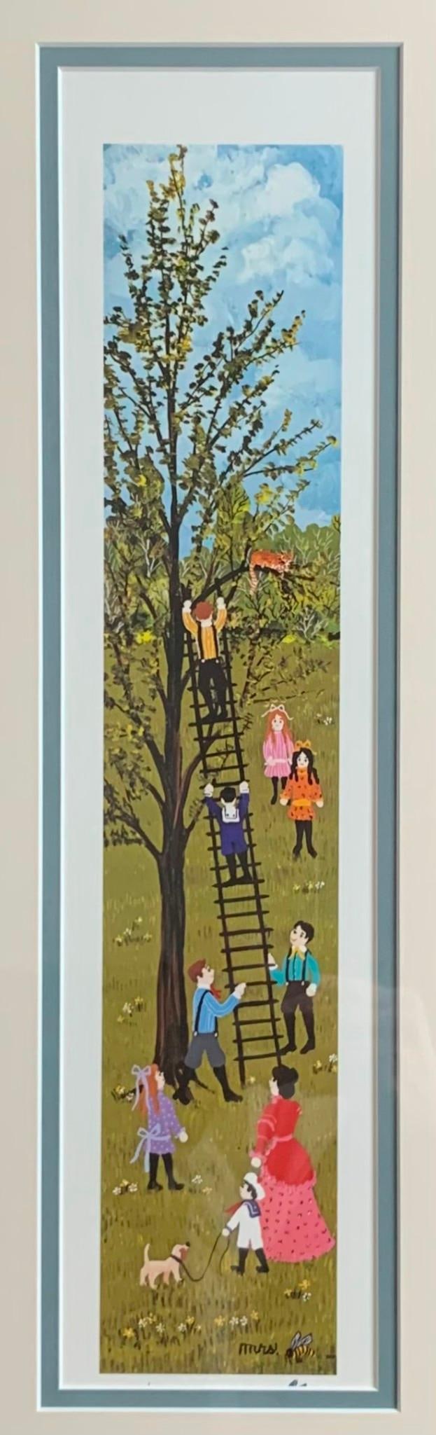 Endearing 1986 Mrs. B "The Rescue" Professionally Framed Cat Art Lithograph: Professionally framed in charcoal gray washed wood, glass is intact, 24" x 11 1/2", Mrs. B art paperwork tucked into the rear pocket, rich hues, double matte, two small areas of wear to the left side