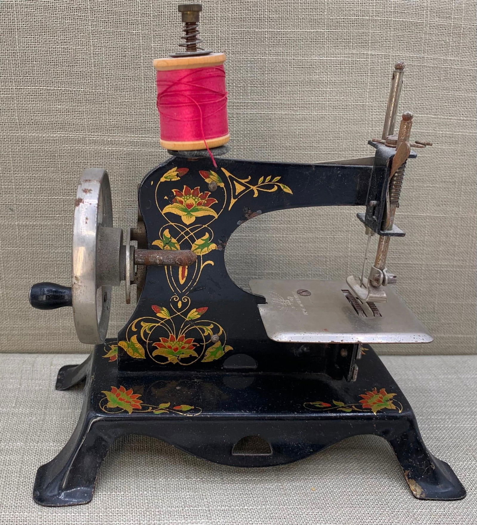 Working Antique Made in Germany Gilded Tole Painted Metal Hand Crank Child Size Sewing Machine (1 of 6)