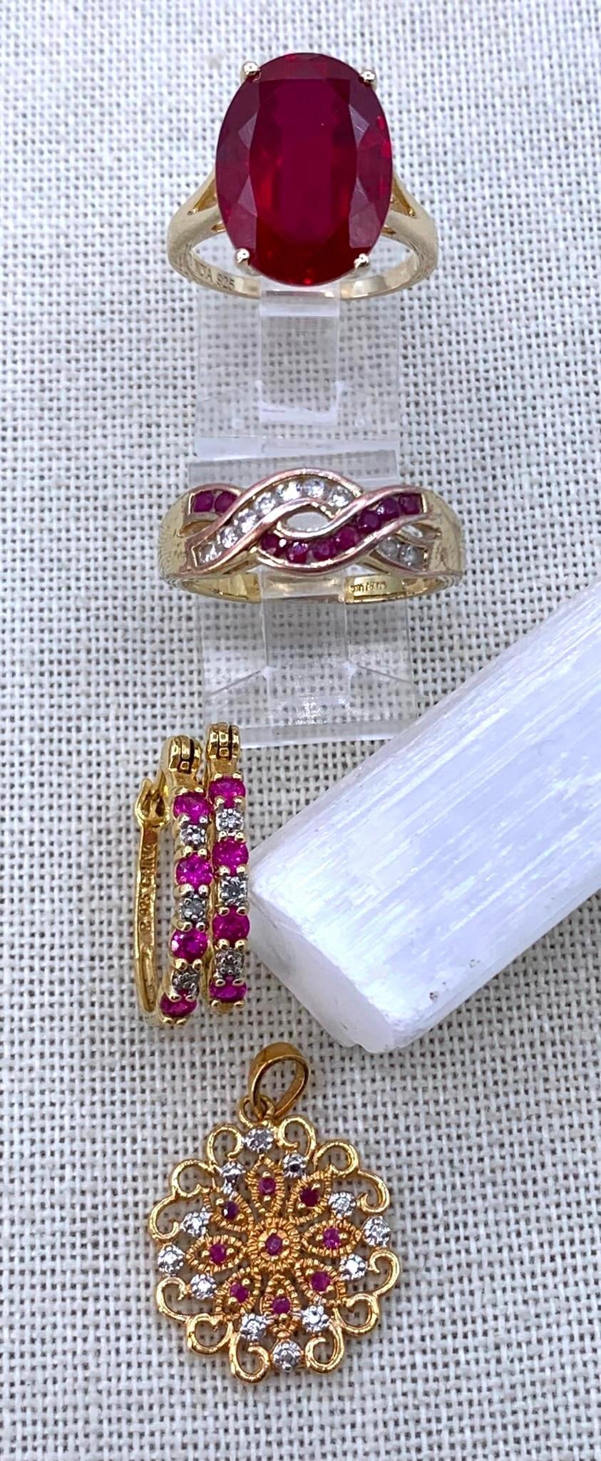 5 pc Gold Vermeil over Sterling Silver Natural Created Ruby Gemstone Jewelry: * 925 hallmark, petite Diamonds and created Ruby hoop earrings, 1; length, 1.9 gram weight combined* 925 hallmark, large 16x12mm created Ruby solitaire, size 7, 4.7 gram weight* 925 hallmark, dainty n