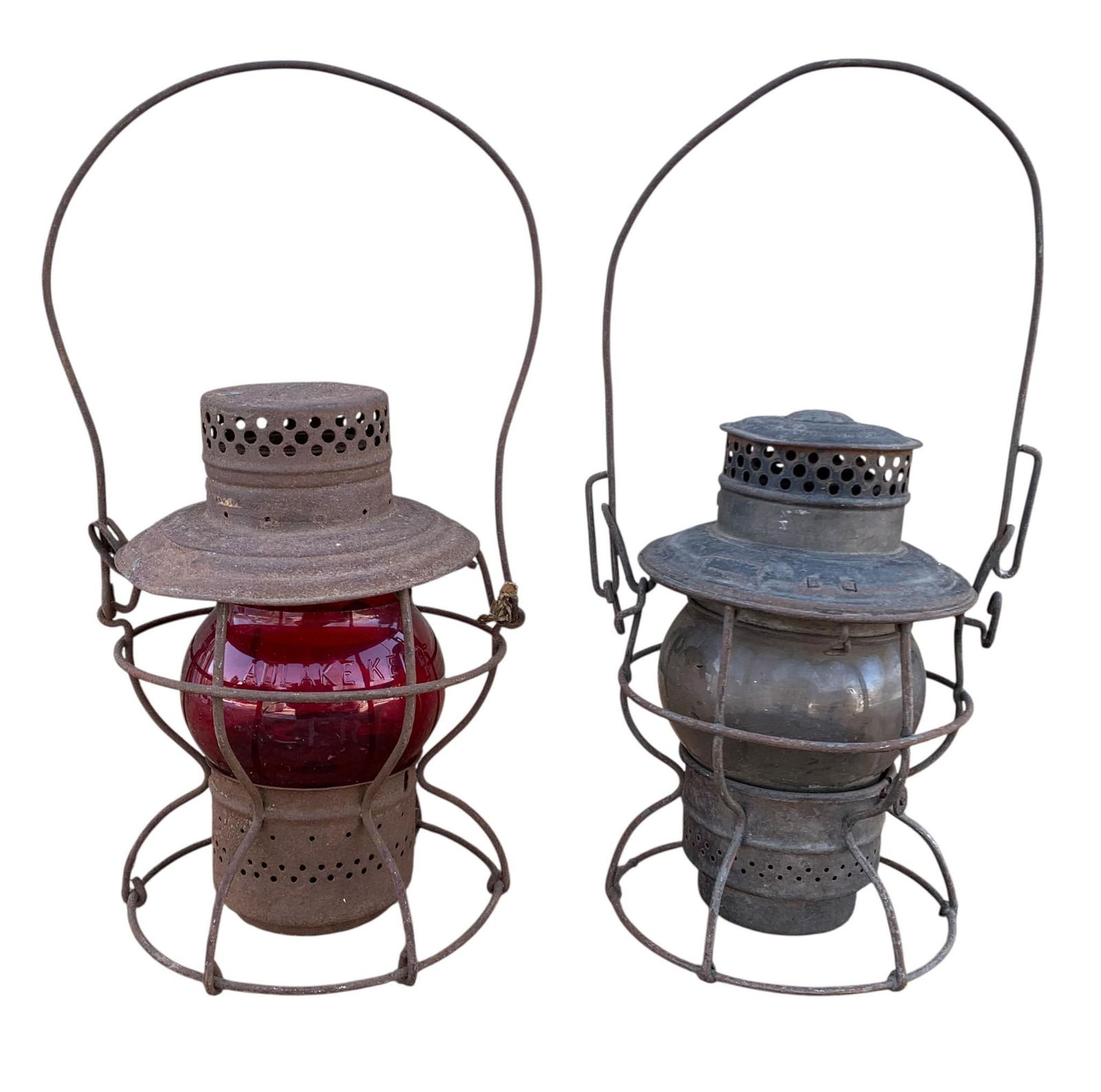 Pair Antique Railroad Adlake Red Clear Globe Train Signal Oil Lanterns (1 of 8)