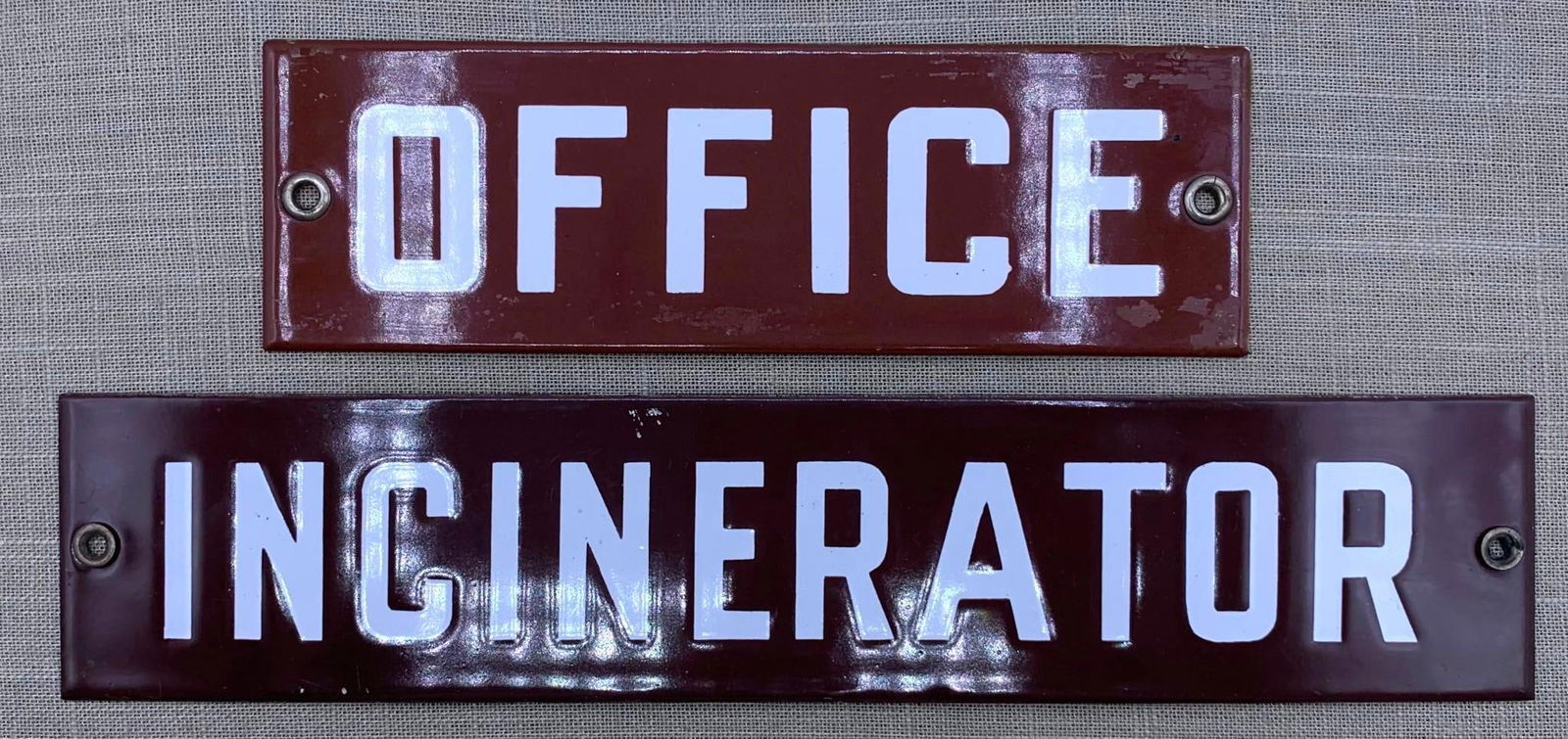 Pair Art Deco Porcelain Enamel Metal School OFFICE, INCINERATOR Signs: Cocoa, Cinnamon and White porcelain, metal grommets, 12" x 2 1/2" and 8" x 2 1/2", scattered light age to the porcelain, hefty in weight.