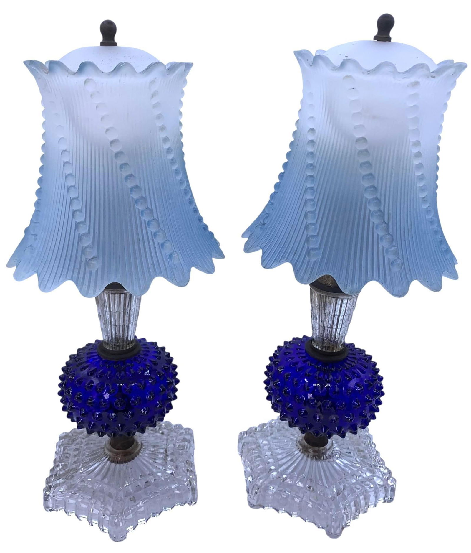 Working PAIR 1930s Powder Blue Ombre Glass Shade Cobalt Clear Hobnail Vintage Boudoir Lamps (1 of 20)