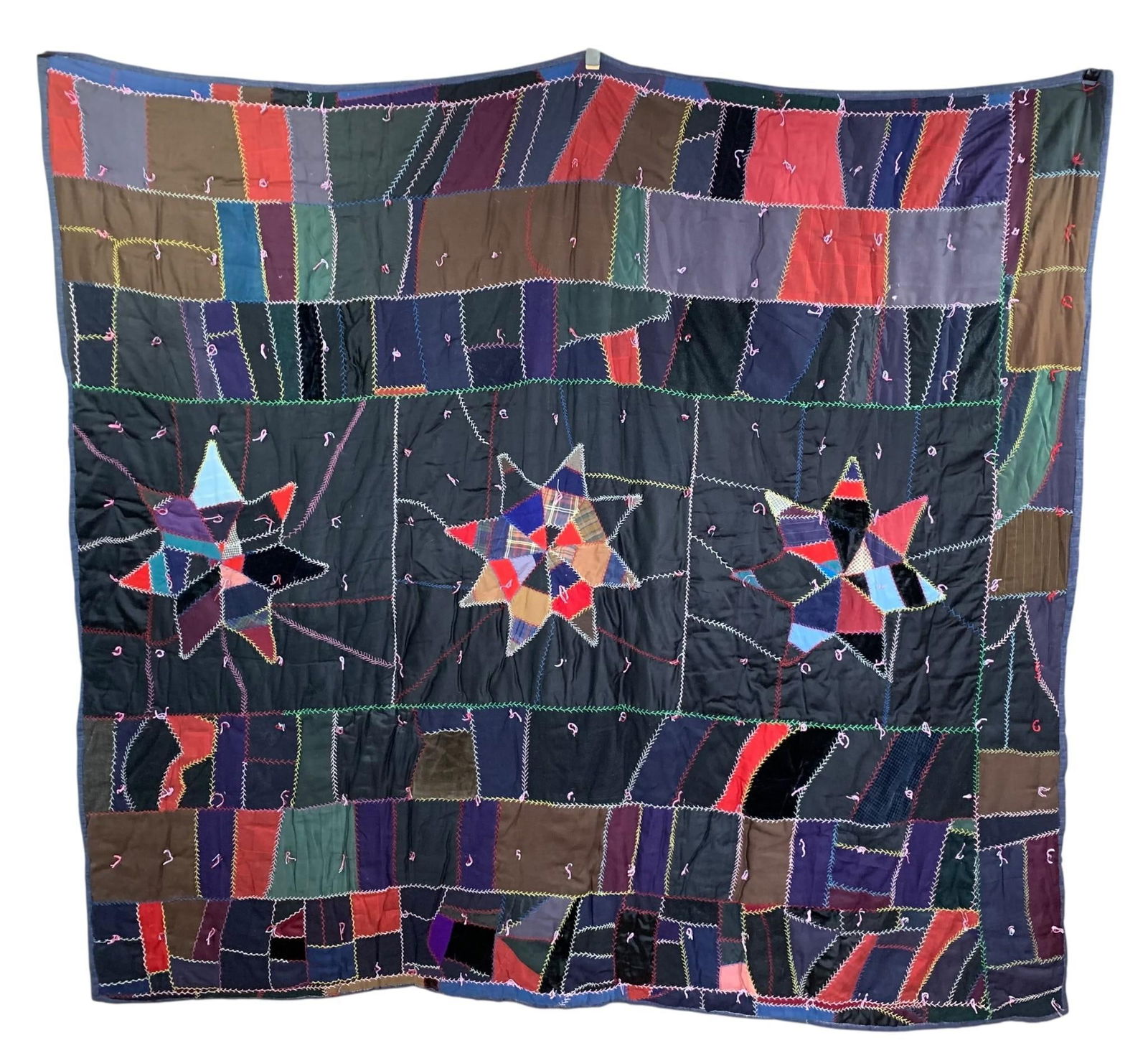 INCREDIBLE Antique Victorian Feather Stitch Embroidered Winter Weight Star Mosaic Crazy Quilt (1 of 13)