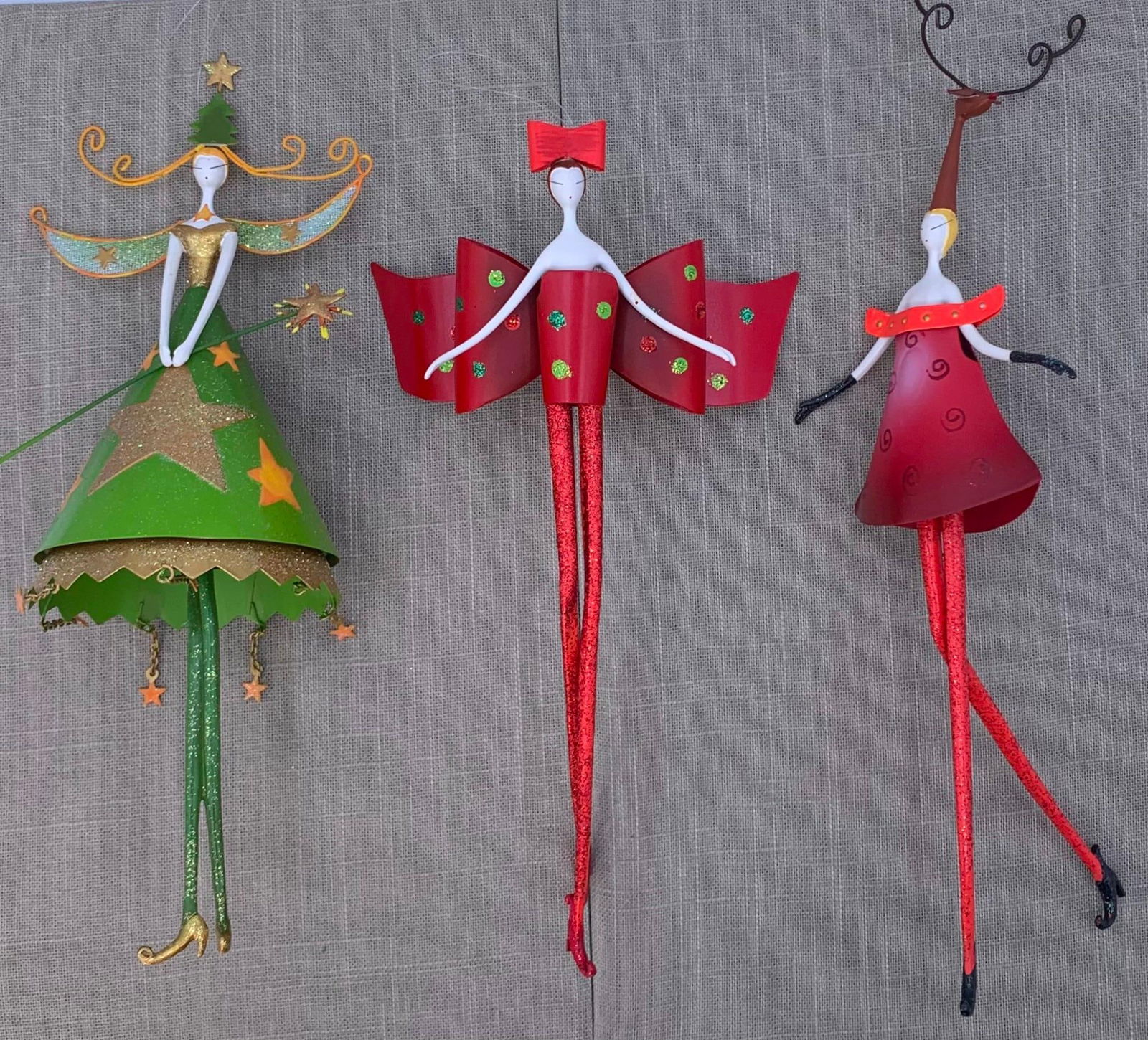 7 Large Whimsical Vintage Hand Painted RUSS Masquerade Ball Figural Christmas Tree Ornaments: Each hand painted, approx. 10" tall, a separation to the arm and neck of the Cello maiden.