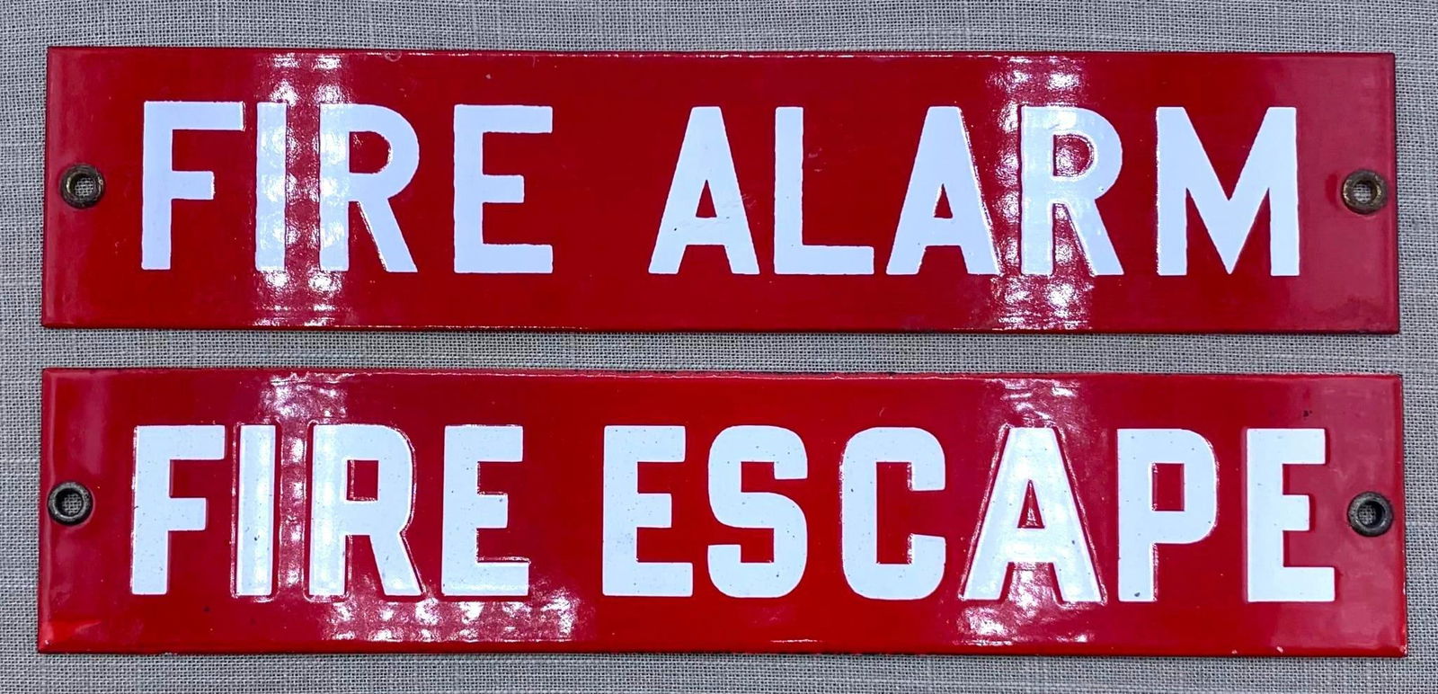 Pair Red White Porcelain Vintage FIRE ALARM FIRE ESCAPE School Signs (1 of 4)
