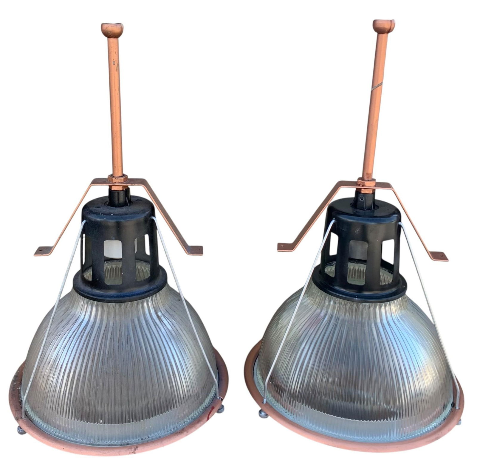 PAIR Vintage Holophane 13" Ribbed Clear Glass Industrial Pendant Ceiling Lights (1 of 11)
