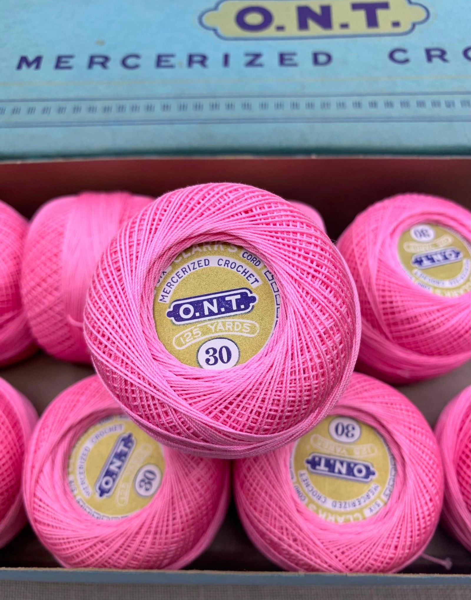 11 Mid Century Candy Pink CLARK"S ONT 125 Yard Spool Mercerized Crochet, Embroidery, Thread in Box: New Old Stock Clark's spools in a early Clark's box.