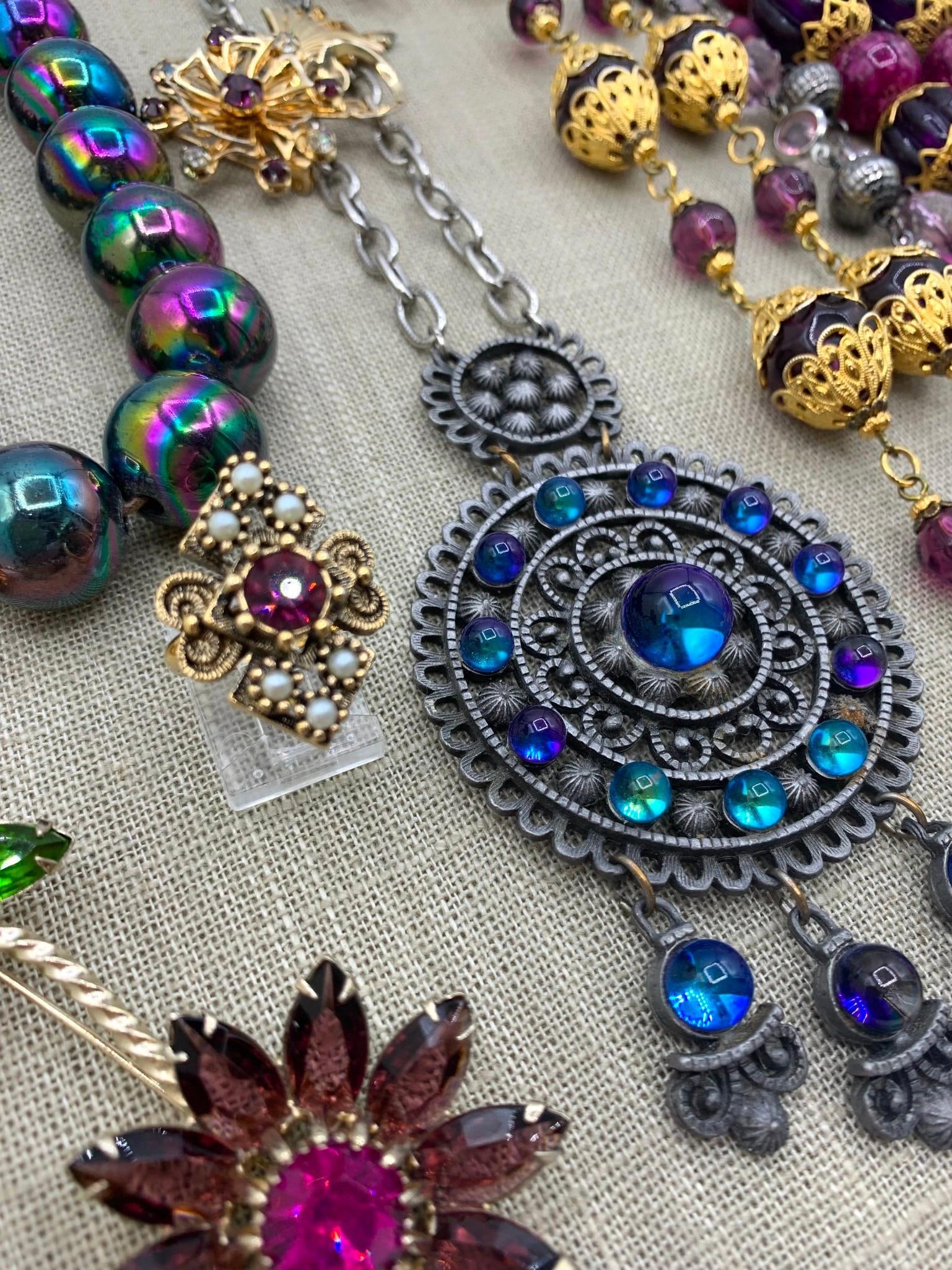 40 pc Plum Berry Germany, Sarah Cov, CORO, WEISS, Vintage Costume Jewelry Collection: Cloissone, sparkling plum WEISS floral brooch, CORO angel pin and grape cluster bracelet, pair of German lavender butterfly pins, enamel Money dragonfly brooch, Over the Top Joan Rivers pin, peacock o