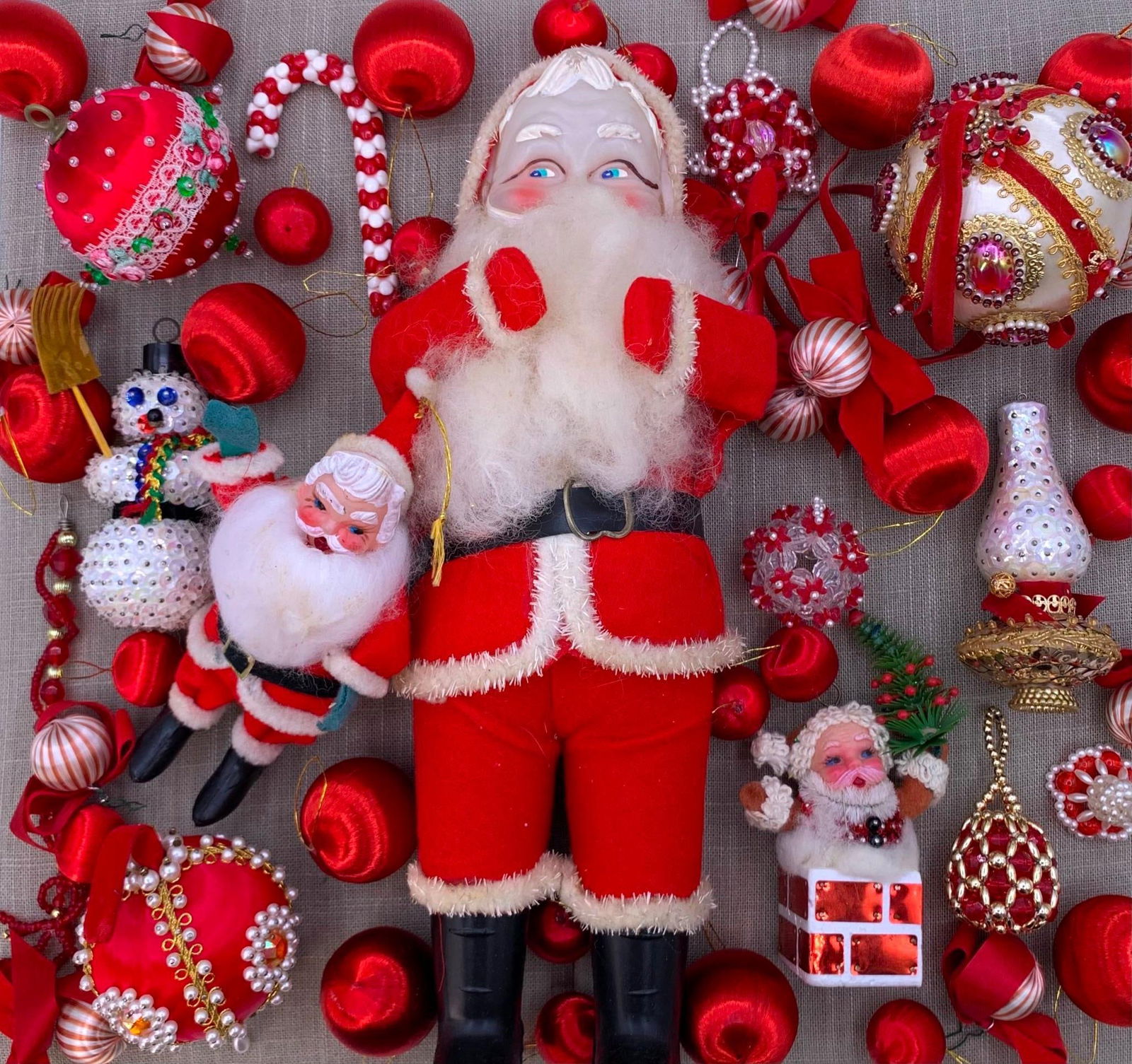61 Vintage Mid Century Santa Claus, Pierced Pinned, Satin Wrapped Christmas Ornaments (1 of 10)