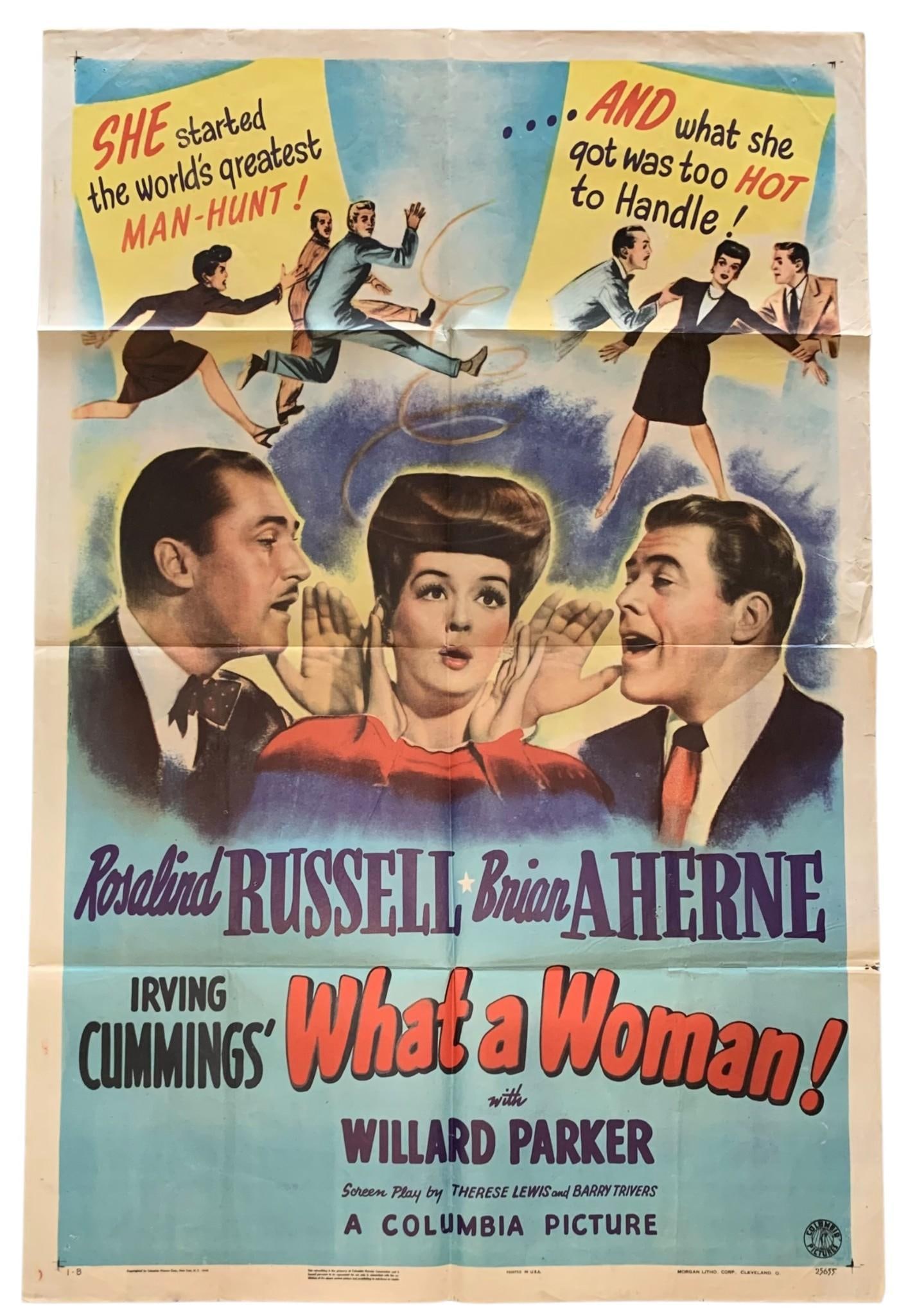 Original 1943 Columbia Pictures WHAT A WOMAN Vintage Theater Movie Poster: 41" x 27", bright colors, Morgan Litho Corp. Cleveland Ohio, stored folded with some age to the paper, a few taped repairs to the back with a penciled title on the rear.